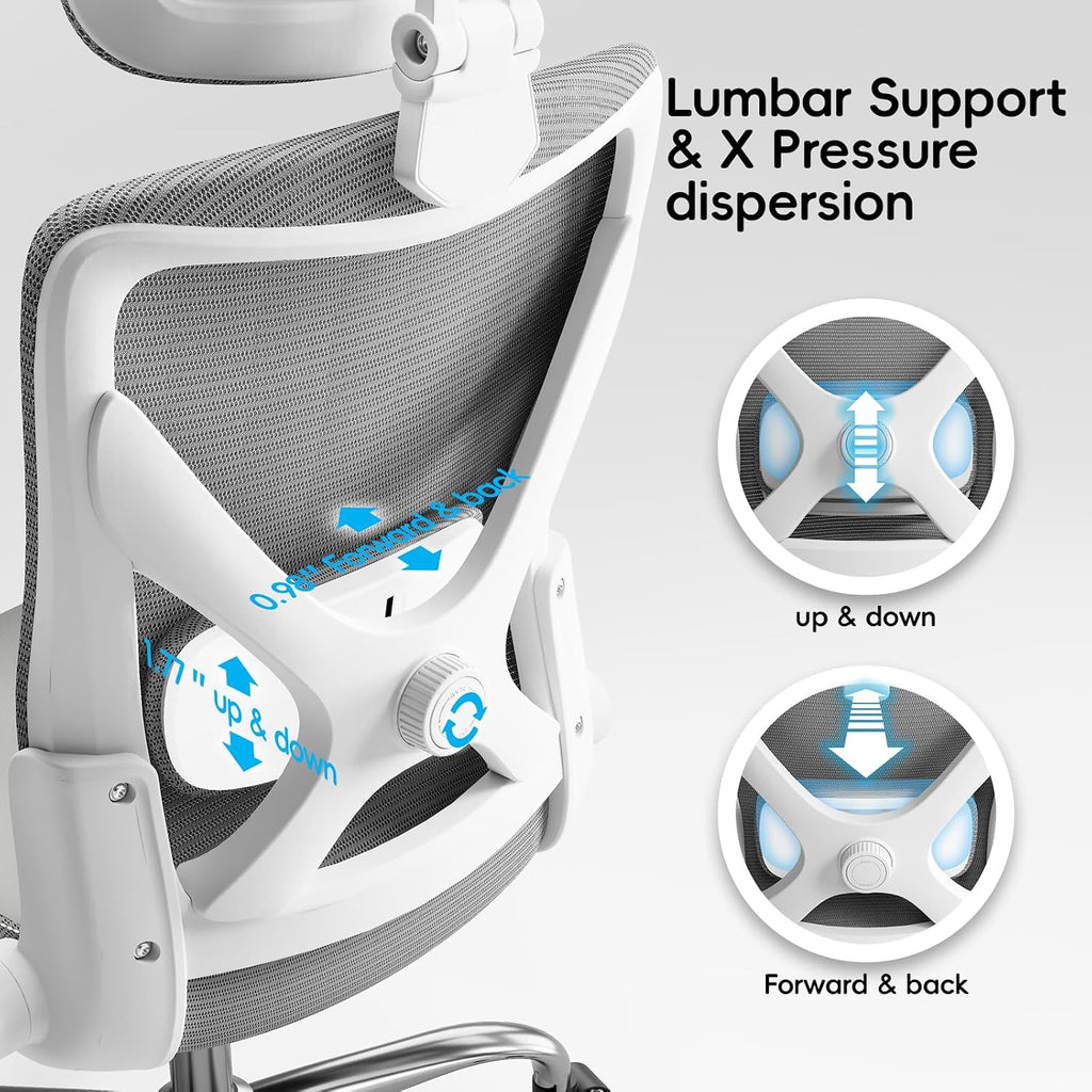 Ergalithic Ergonomic Office Chair-Computer X-Shaped Chair Mesh PU Leather with Adjustable Lumbar Support-Executive Desk Chair High Back with Headrest Flip-Up Arms for Long Hours (White-Grey)
