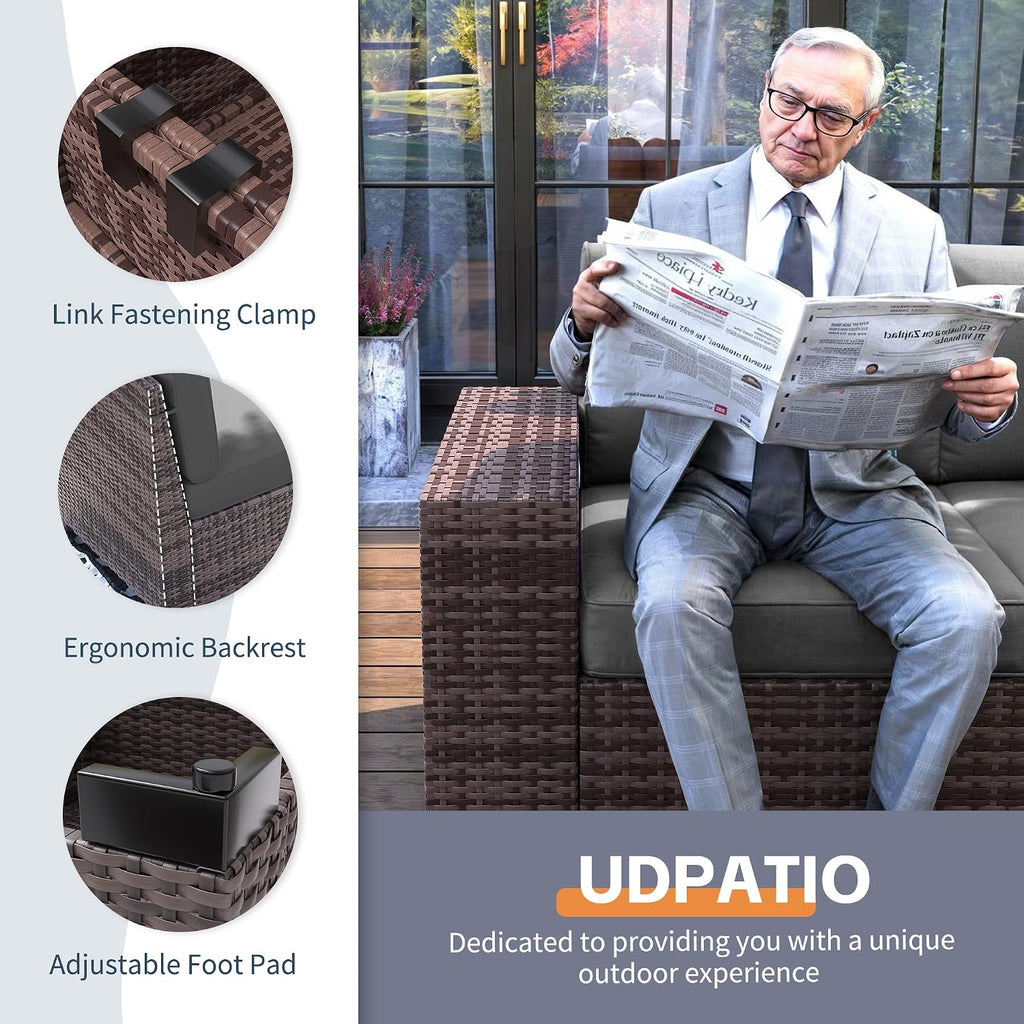 UDPATIO Patio Furniture Set with Fire Pit Table, 8 Inch Armrest 7 Piece Outdoor Sectional Sofas, All-Weather Wicker Conversation for Garden, Backyard, Brown/Dark Grey