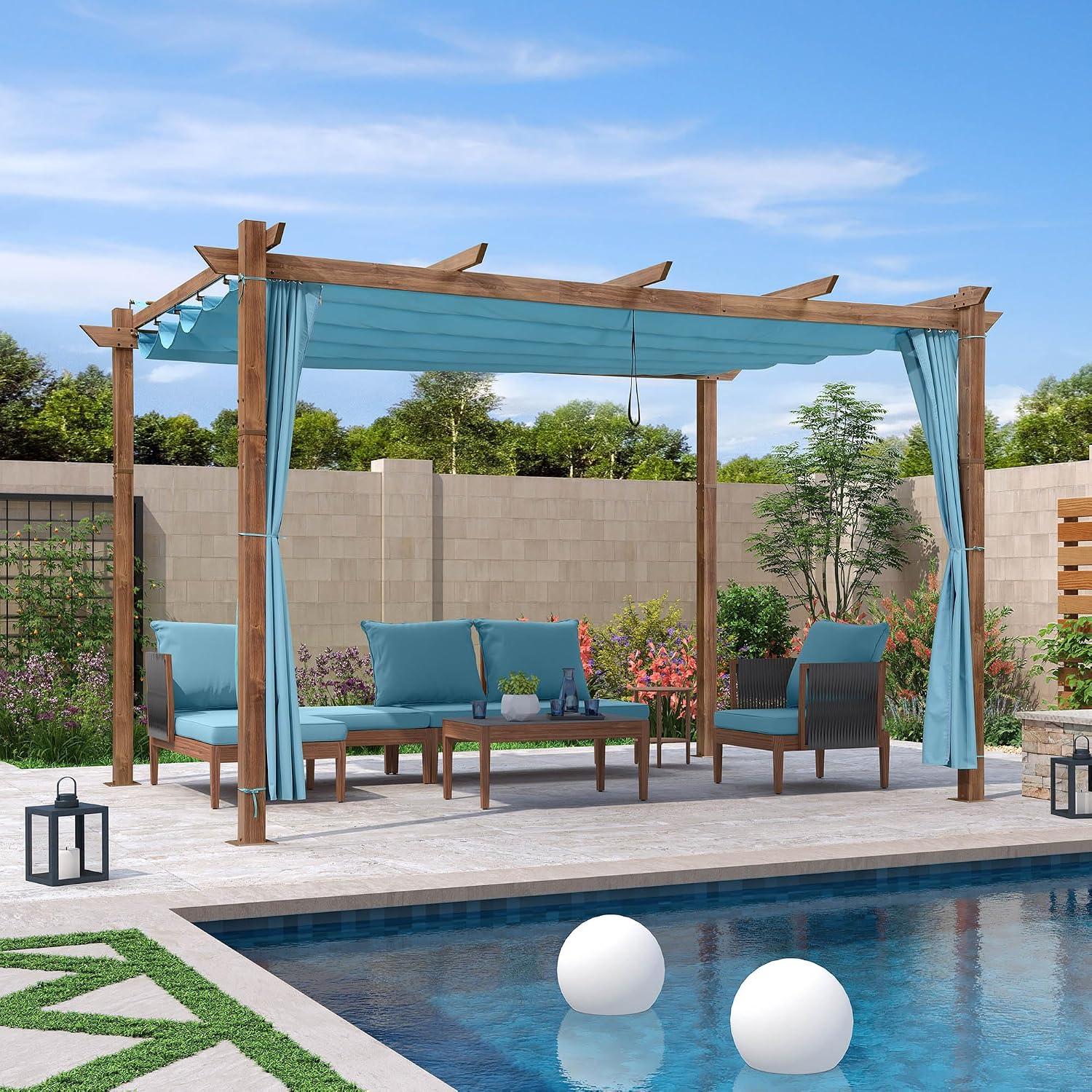 PURPLE LEAF 10' x 13' Pergola with Curtains Outdoor Retractable Pergola Patio Metal Shelter for Garden Porch Natural Wood Grain Frame Gazebo Modern Yard Grill Pergolas with Shade Canopy Turquoise Blue