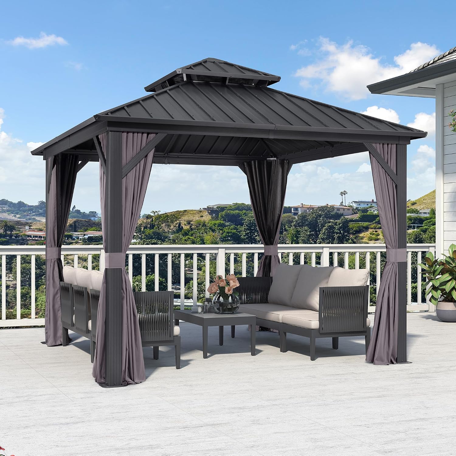 PURPLE LEAF 10' X 10' Hardtop Gazebo Permanent Gazebo with Galvanized Steel Double Roof for Patio Lawn Garden Aluminum with Netting and Curtains Grey