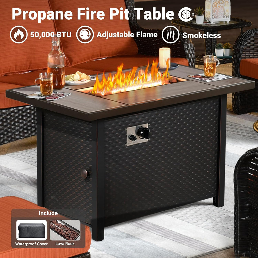 ovios 6-Pieces Patio Furniture Set with 42' Fire Pit Table, Outdoor Wicker Sofa Couch Ottomans Comfy Cushions, High Back Modern Conversation Set, Brown Rattan, Orange Red