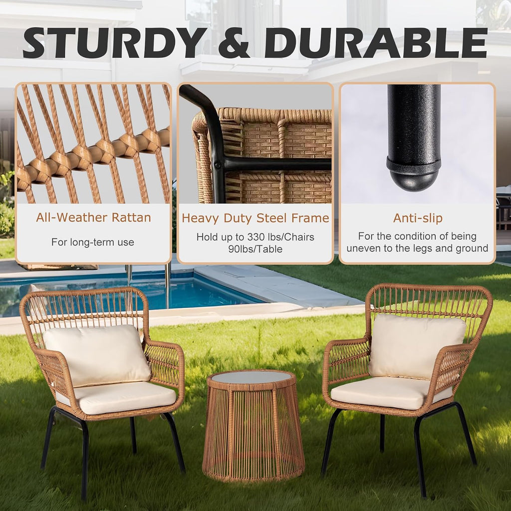 3 Piece Outdoor Wicker Furniture Bistro Set, Rattan Chairs Conversation Sets with Solar Light, Wicker Patio Furniture for Balcony Poolside Backyard, Beige