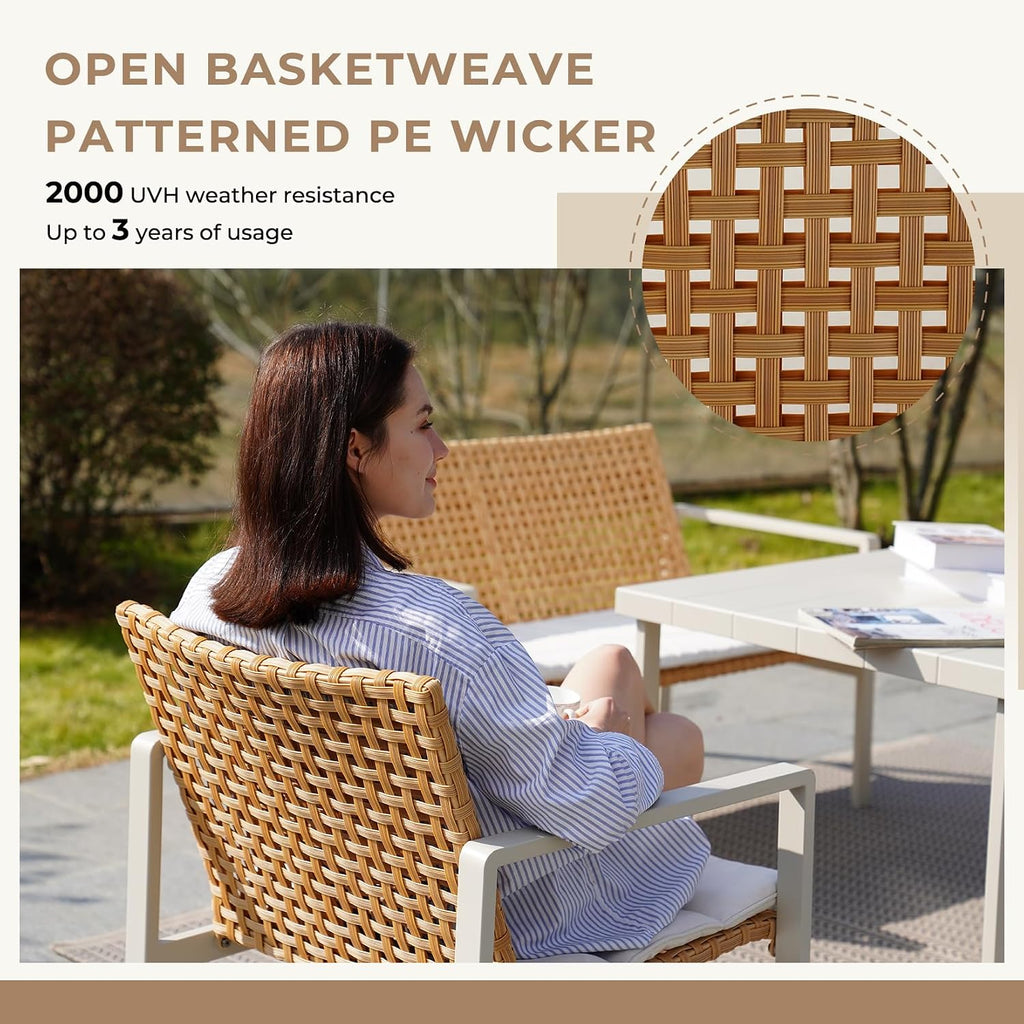Grand patio Outdoor Furniture Set, 4-piece Wicker Patio Furniture Set with Beige Cushions, Modern Metal Conversation Loveseat Chairs with Glass Top Coffee Table for Porch Deck Backyard Balcony