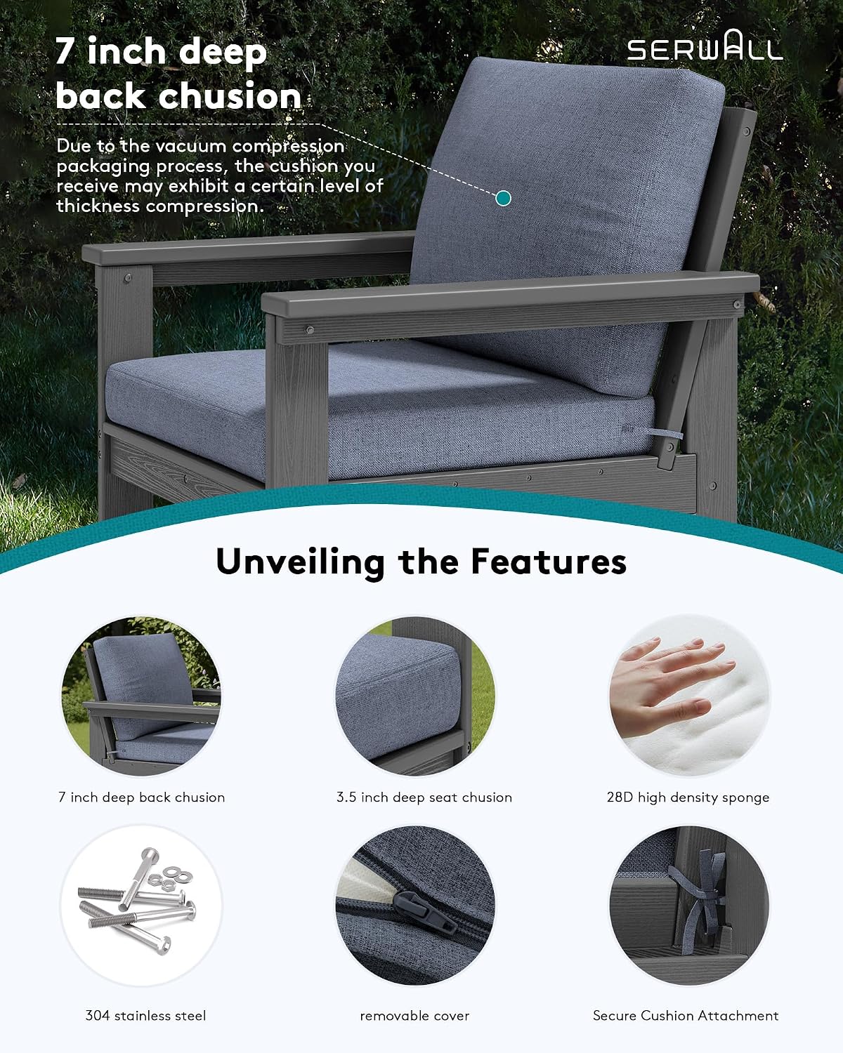 SERWALL HDPE Patio Conversation Set, 6-piece Sectional Outdoor Furniture Set, All Weather Outdoor Couch Set Patio Furniture Set for Deck, Lawn, Grey Frame with Grey Cushion