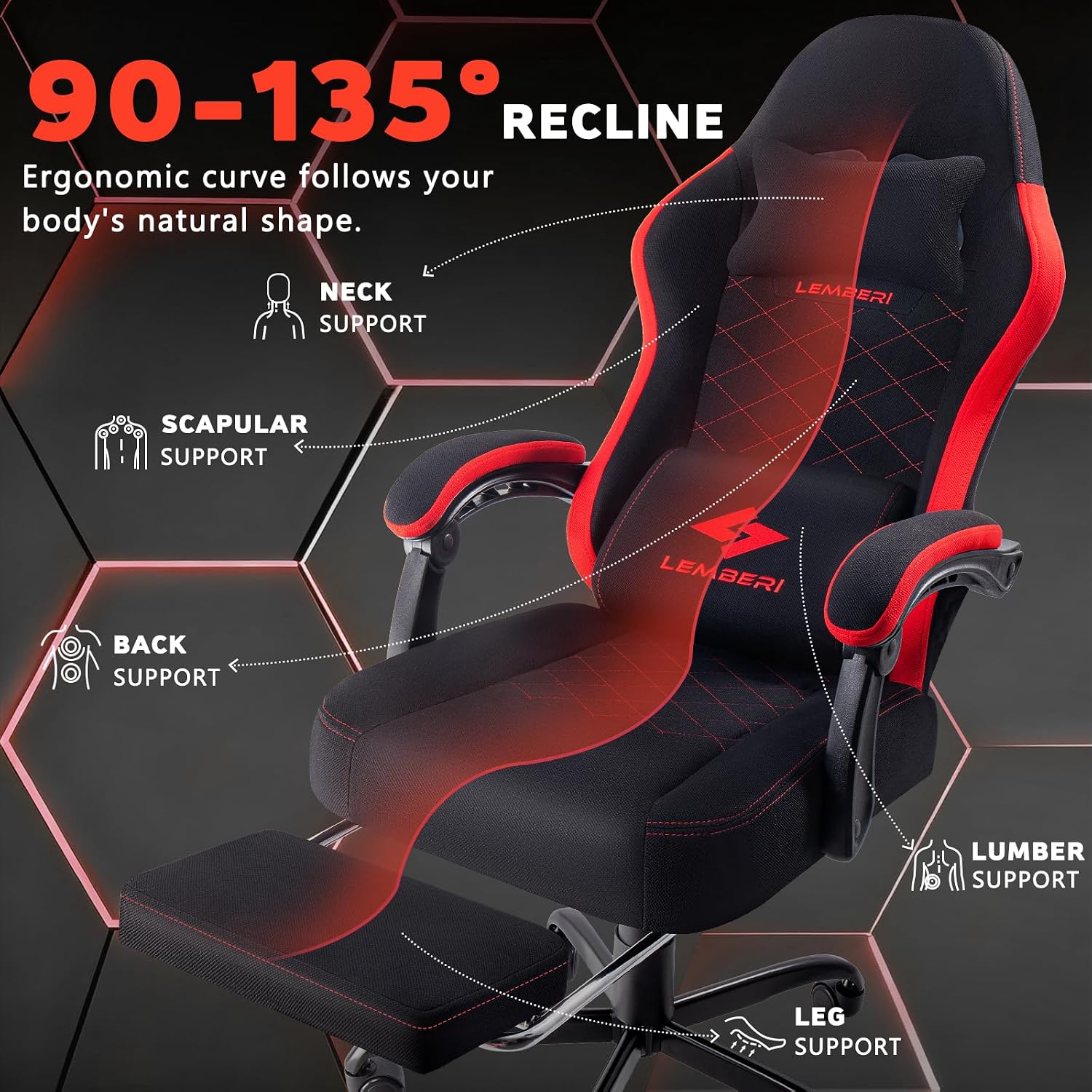 LEMBERI Gaming Chair, Fabric Big and Tall Video Game Chairs with Footrest, Massage Lumbar Support, Racing Style Ergonomic Computer Gamer Chair with Adjustable Headrest (Red)
