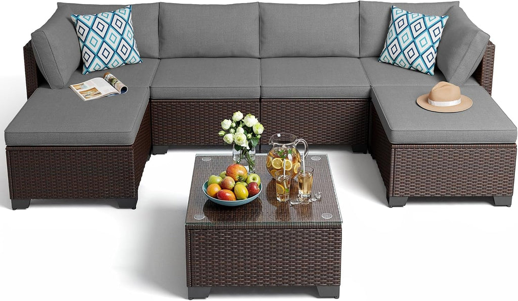 Gizoon 7 Pieces Outdoor Patio Furniture Set, All-Weather PE Rattan Wicker Sectional Sofa Seating with Waterproof Cushions and Coffee Table, Outdoor Conversation Set for Garden, Backyard, Balcony