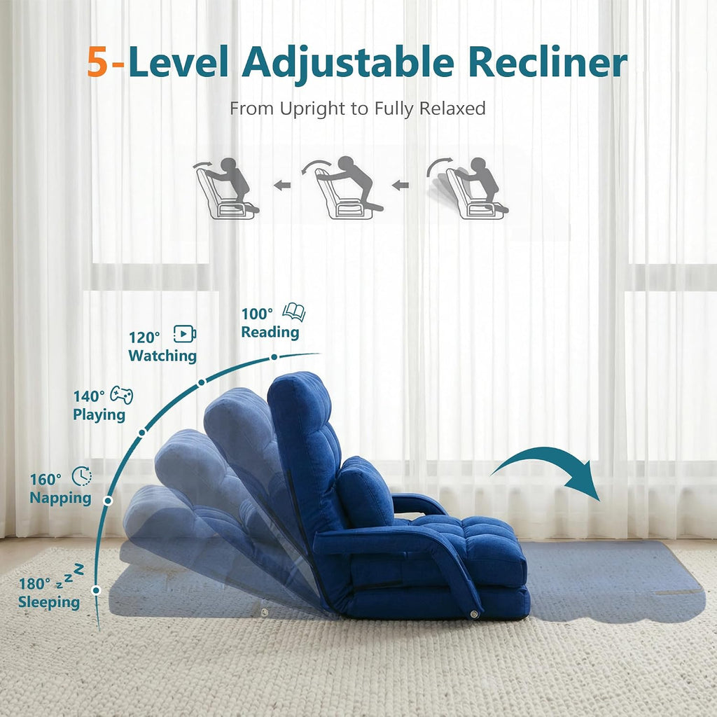 STHOUYN Comfy Bedroom Chair with 2 USB Charging Ports, 5-Position Floor Couch Gaming Chairs for Adults, Lounge Chair Indoor Folding Lazy Sofa Meditation Arm Dorm Chair Living Room (Navy Blue)