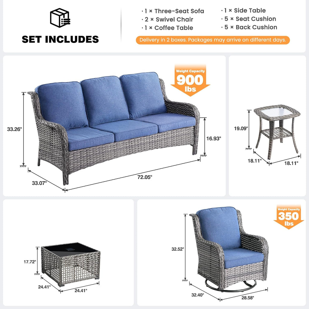 ovios 5-Piece Patio Furniture Set with Swivel Chairs Side Table, Outdoor Wicker Sofa with Comfy Cushions, High Back Couch Modern Conversation Sets, Grey/Denim Blue