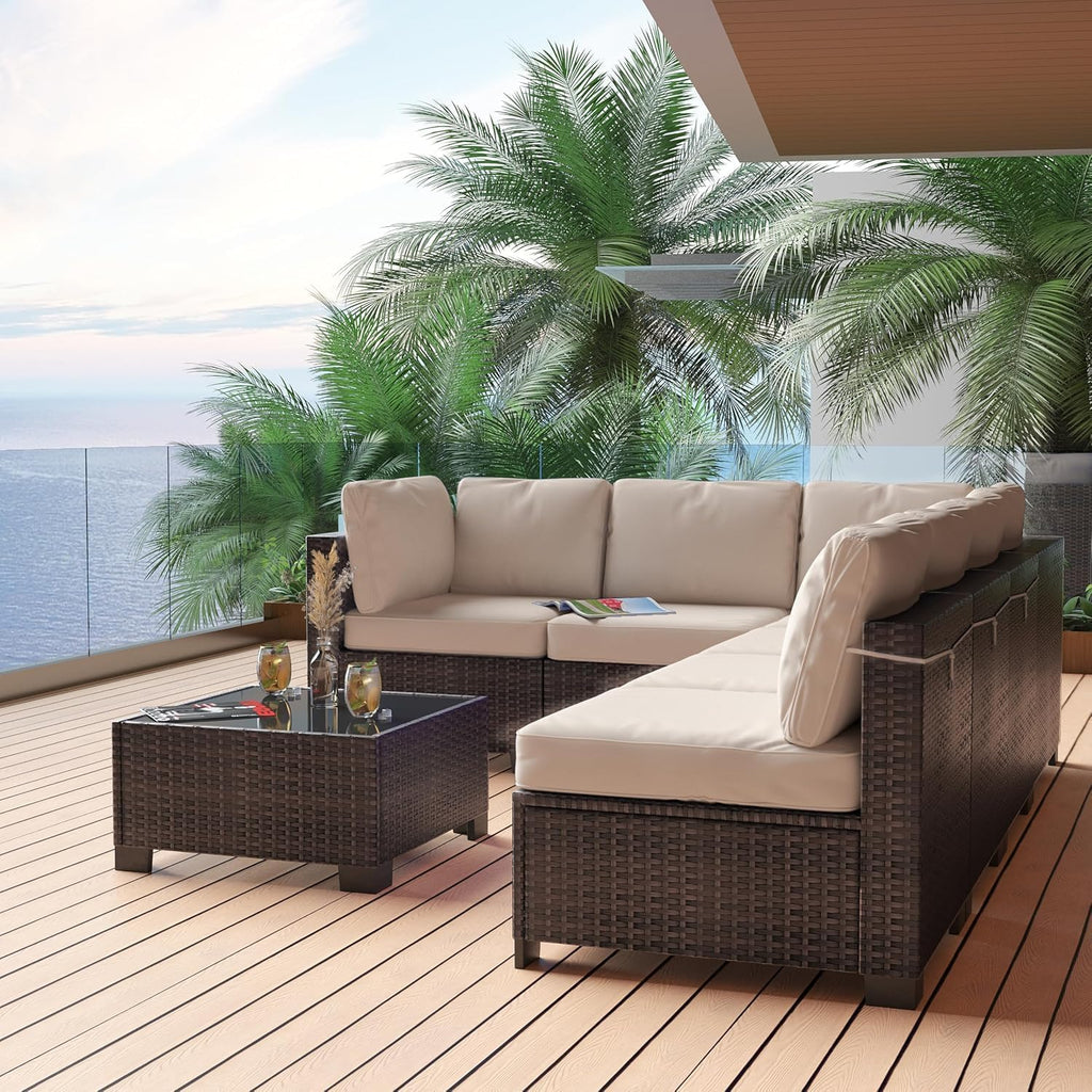 Garvee 7 Pieces Outdoor Patio Furniture Set, Rattan Wicker Sofa Set with Soft Cushions and Coffee Table, All-Weather Outdoor Furniture for Garden, Porch, Poolside, Brown&Beige