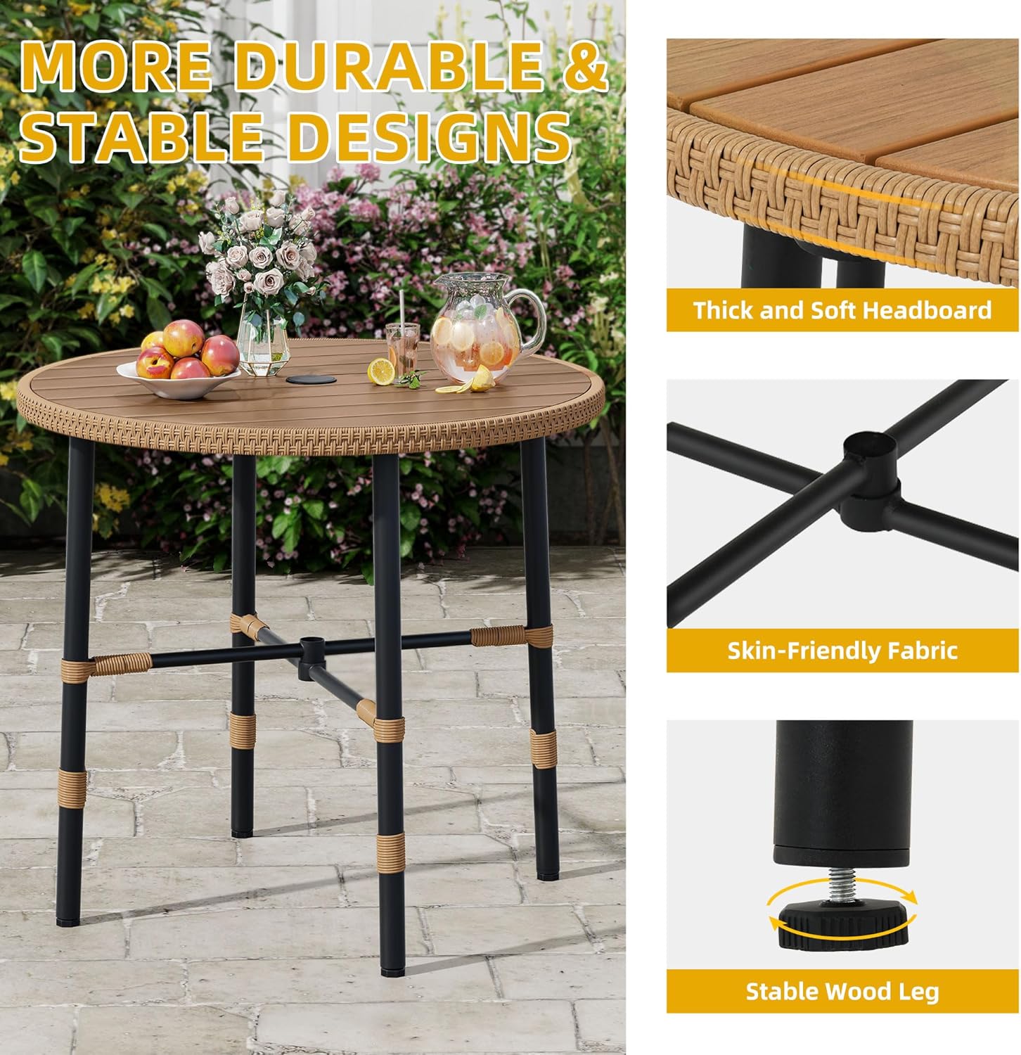 DWVO 5 Piece Patio Dining Sets, Outdoor Dining Furniture Set with 2' Umbrella Hole, Wicker Rattan Round Table and Chairs Set with Comfortable Cushions for Patio, Balcony, Backyard, Beige
