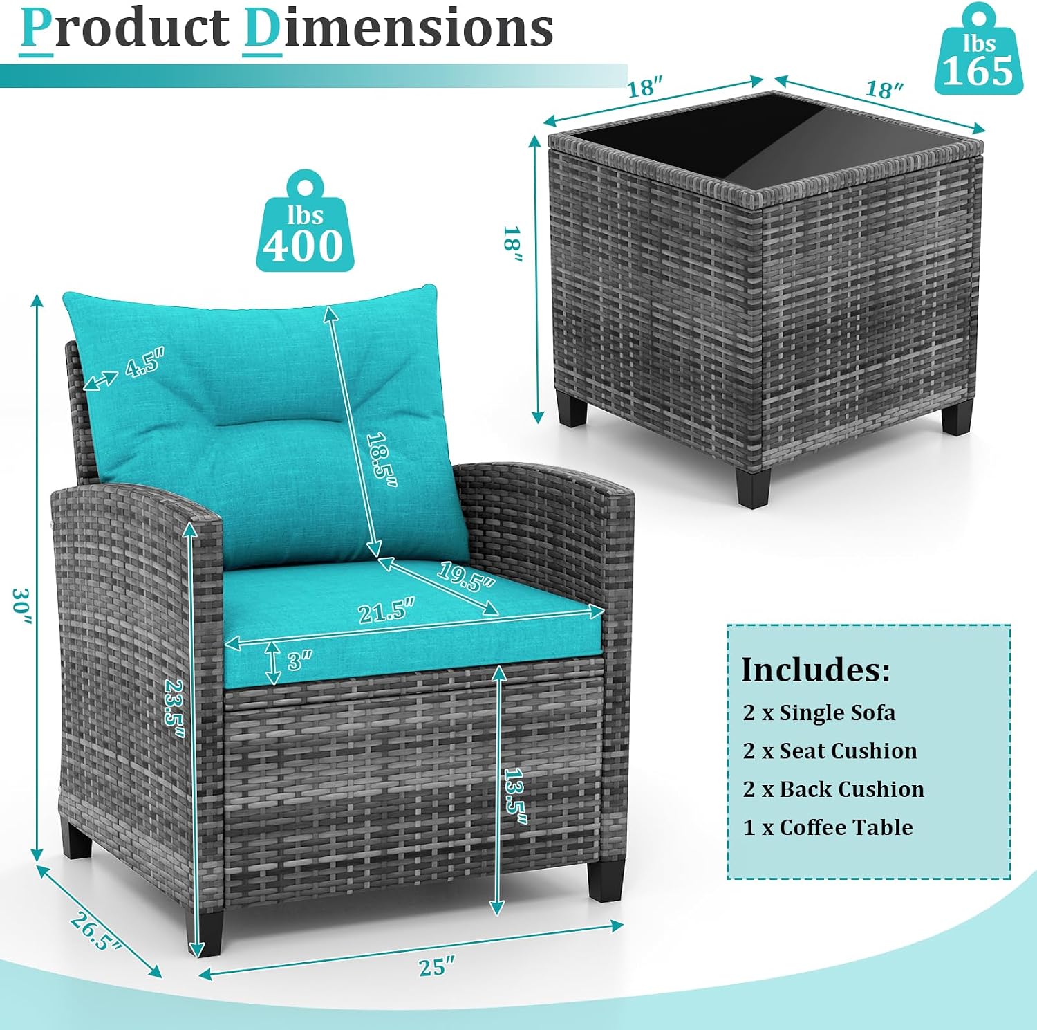 KOTEK 3 Piece Patio Furniture Set, Outdoor PE Rattan Conversation Set with Washable Cushions & Tempered Glass Tabletop, Wicker Chairs and Table Set for Porch, Garden, Balcony (Turquoise)