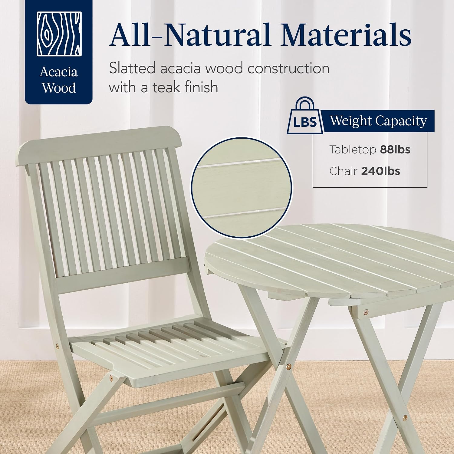 Best Choice Products 3-Piece Acacia Wood Bistro Set, Folding Patio Furniture for Backyard, Balcony, Deck w/ 2 Chairs, Round Coffee Table, Teak Finish - Sage Green