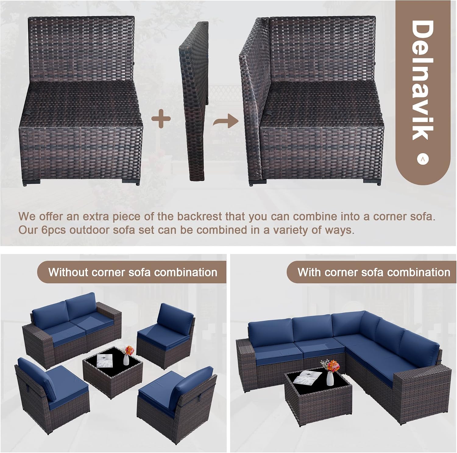 Kurapika 6 Pieces Patio Furniture Set, Rattan Outdoor Conversation Sets w/4 Inch Cushion and Glass Coffee Table(Navy Blue)