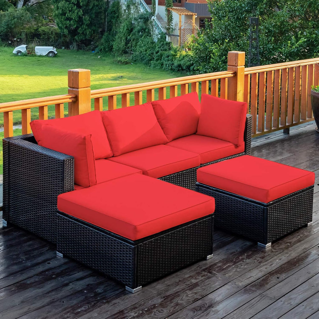 Tangkula 5 Piece Patio Furniture Set, Outdoor Sectional Rattan Sofa Set with Cushions and Coffee Table, Suitable for Backyard Porch Garden Poolside and Deck, Wicker Conversation Set (Red)