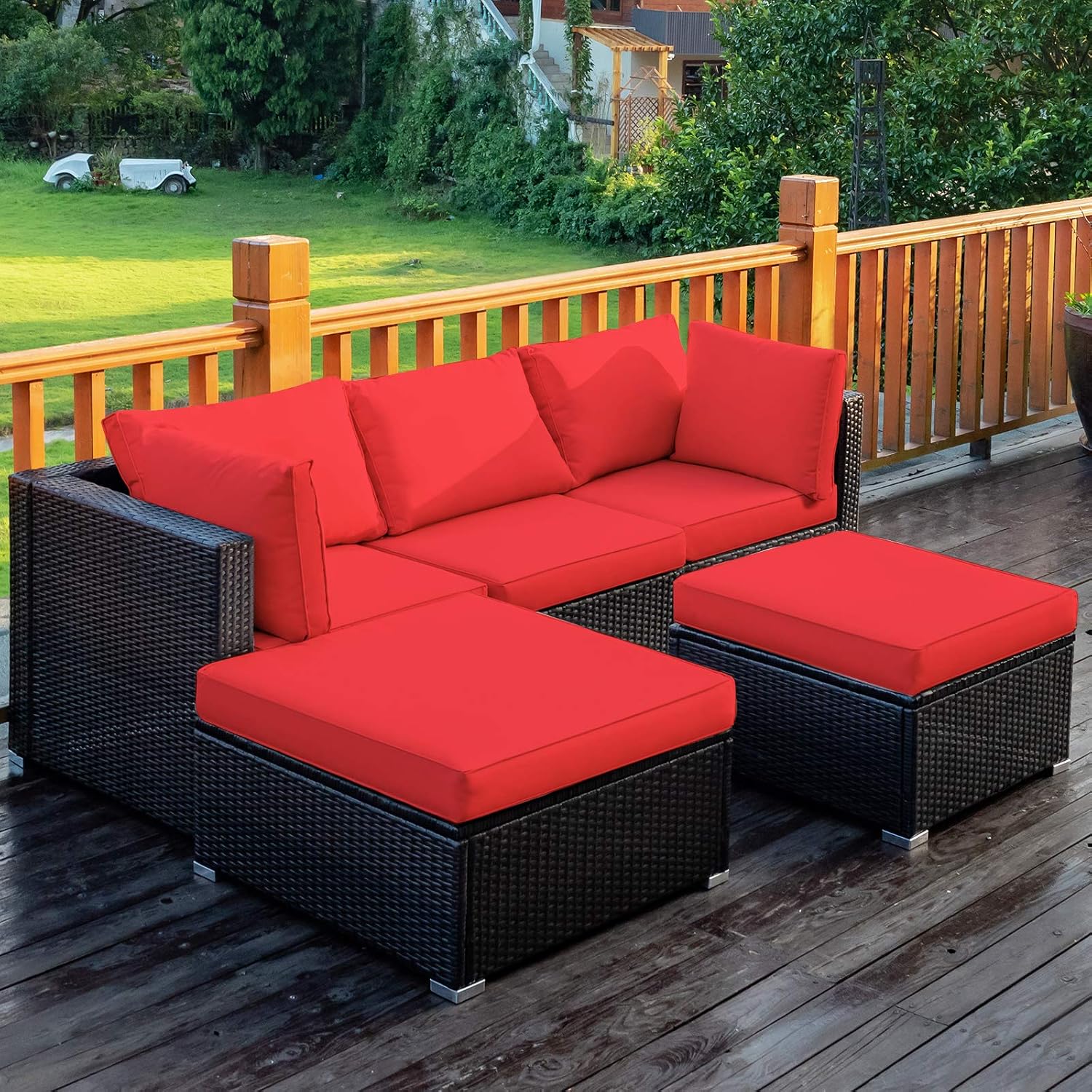 Tangkula 5 Piece Patio Furniture Set, Outdoor Sectional Rattan Sofa Set with Cushions and Coffee Table, Suitable for Backyard Porch Garden Poolside and Deck, Wicker Conversation Set (Red)