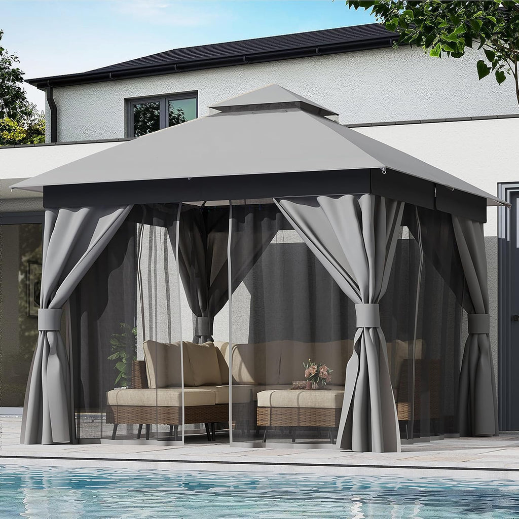 LAUSAINT HOME Gazebo 10x10ft, Heavy Duty Patio Gazebo with Expansion Bolts, Party Canopy Tent with Double Roofs, Mosquito Nettings and Privacy Screens for Backyard, Garden, Lawn, Grey