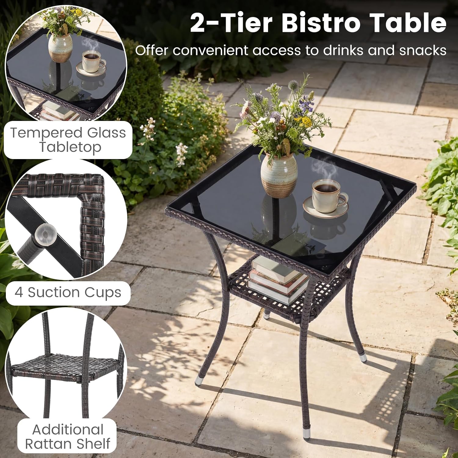 Tangkula 3 Pieces Patio Wicker Bistro Set, 2 Rattan Chairs w/ 2-Tier Tempered Glass Table, Outdoor Conversation Furniture Set with Cushions for Backyard, Porch, Poolside (Mix Brown+Navy)