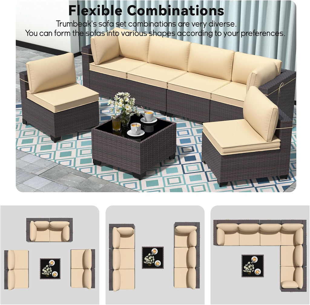 Patio Furniture Set 7 Pieces Outdoor Sectional Sofa Set,All Weather Wicker Patio Sofa PE Rattan Patio Conversation Set w/Cushions and Glass Coffee Table,Sand