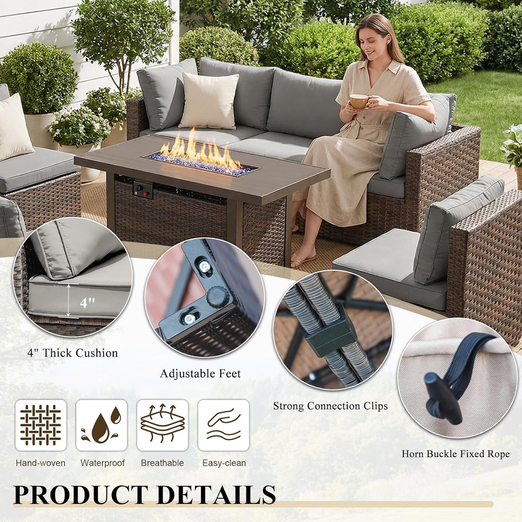 5 Piece Patio Furniture Set with Fire Pit Table, Outdoor Sectional Sofa PE Rattan, Patio Conversation Sets with Cushions for Garden Lawn Balcony Porch Deck Grey