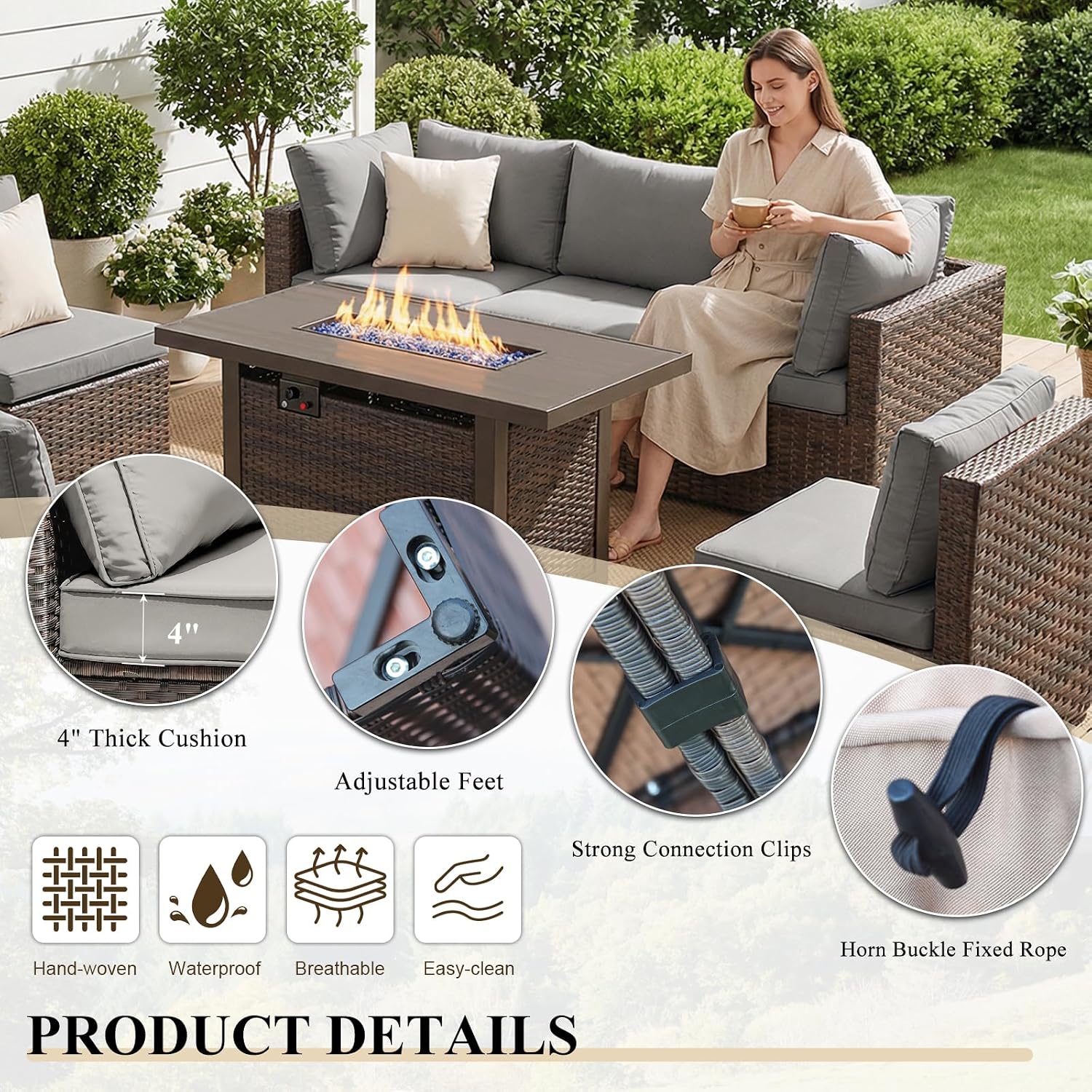 5 Piece Patio Furniture Set with Fire Pit Table, Outdoor Sectional Sofa PE Rattan, Patio Conversation Sets with Cushions for Garden Lawn Balcony Porch Deck Grey