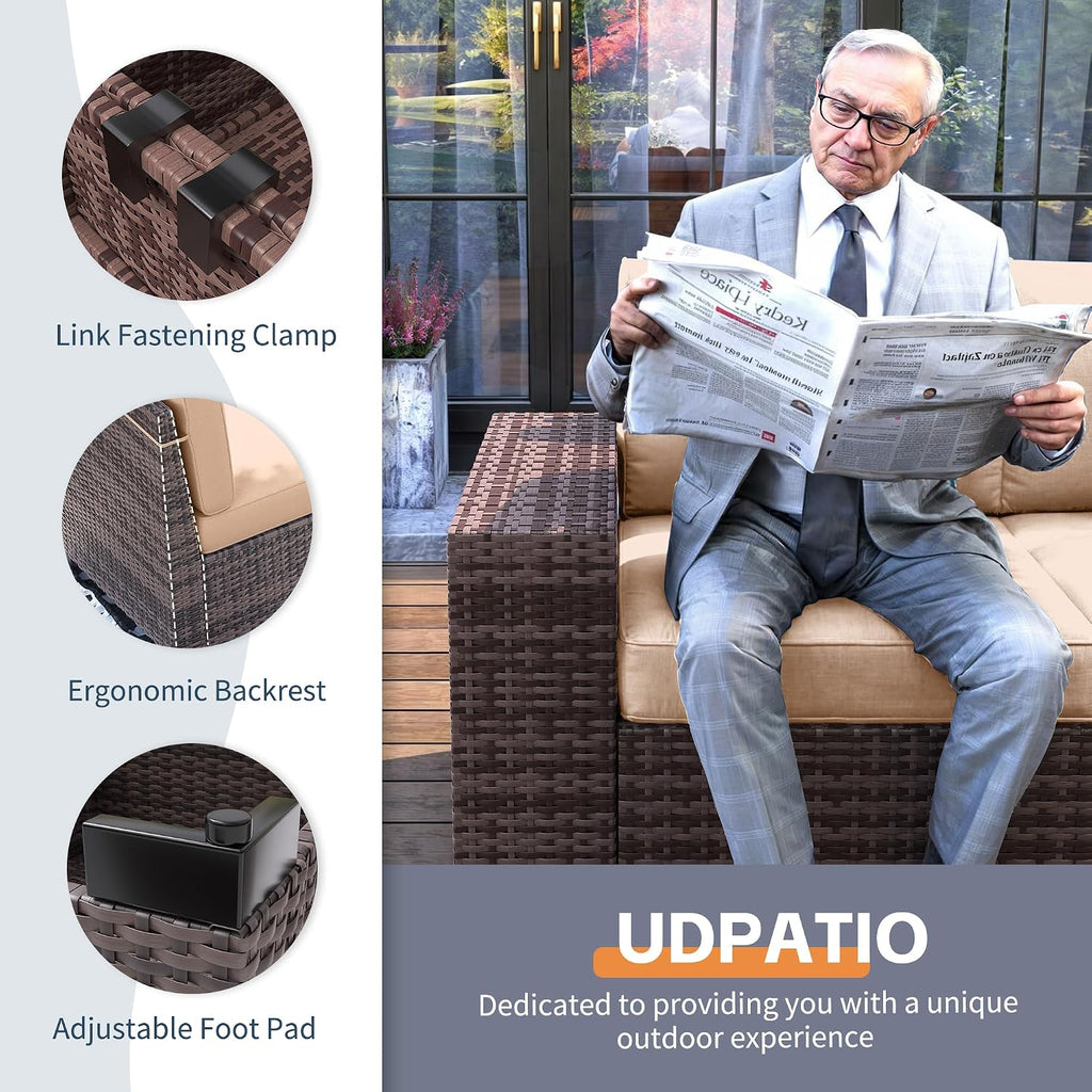 UDPATIO Patio Furniture Set, 8 Inch Armrest Outdoor Sectional Sofa with Wicker Coffee Table, 6 Piece Conversation for Garden, Backyard, Khaki