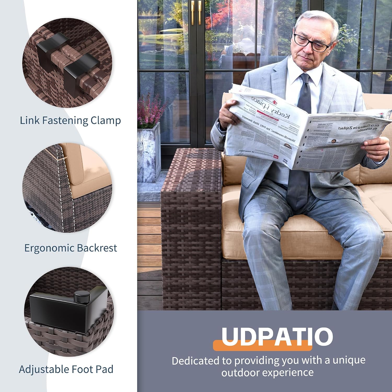 UDPATIO Patio Furniture Set, 8 Inch Armrest Outdoor Sectional Sofa with Wicker Coffee Table, 6 Piece Conversation for Garden, Backyard, Khaki
