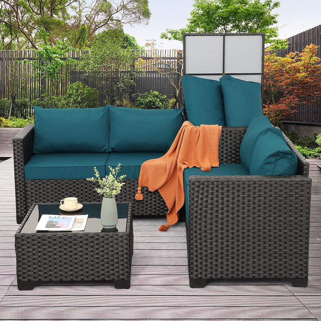 WAROOM Patio Furniture Set 4 Piece Conversation Sets Black Rattan Outdoor Couch Loveseat Wicker Sectional Sofa with Storage Box Glass Top Table, Peacock Blue Cushion