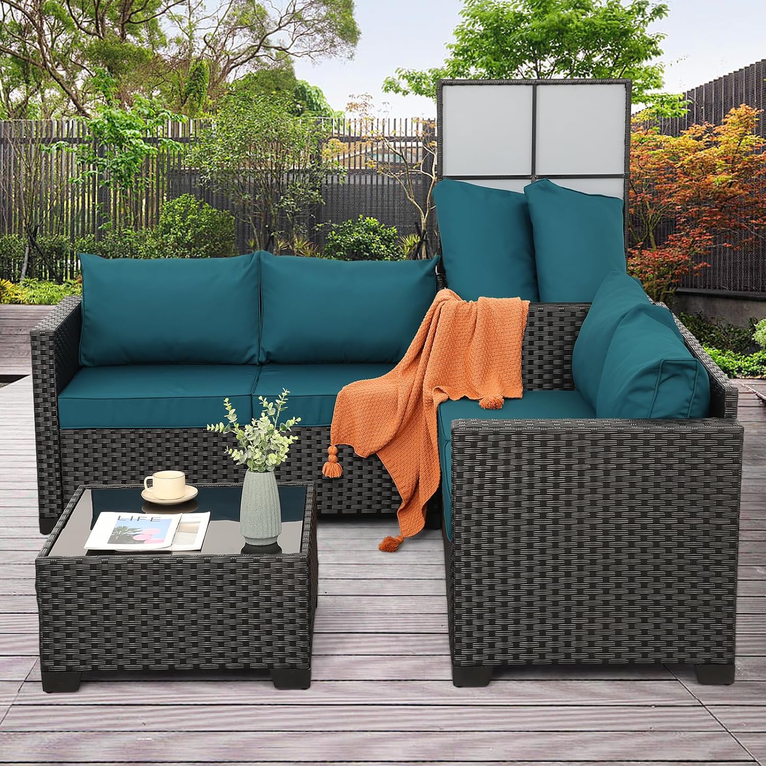 WAROOM Patio Furniture Set 4 Piece Conversation Sets Black Rattan Outdoor Couch Loveseat Wicker Sectional Sofa with Storage Box Glass Top Table, Peacock Blue Cushion