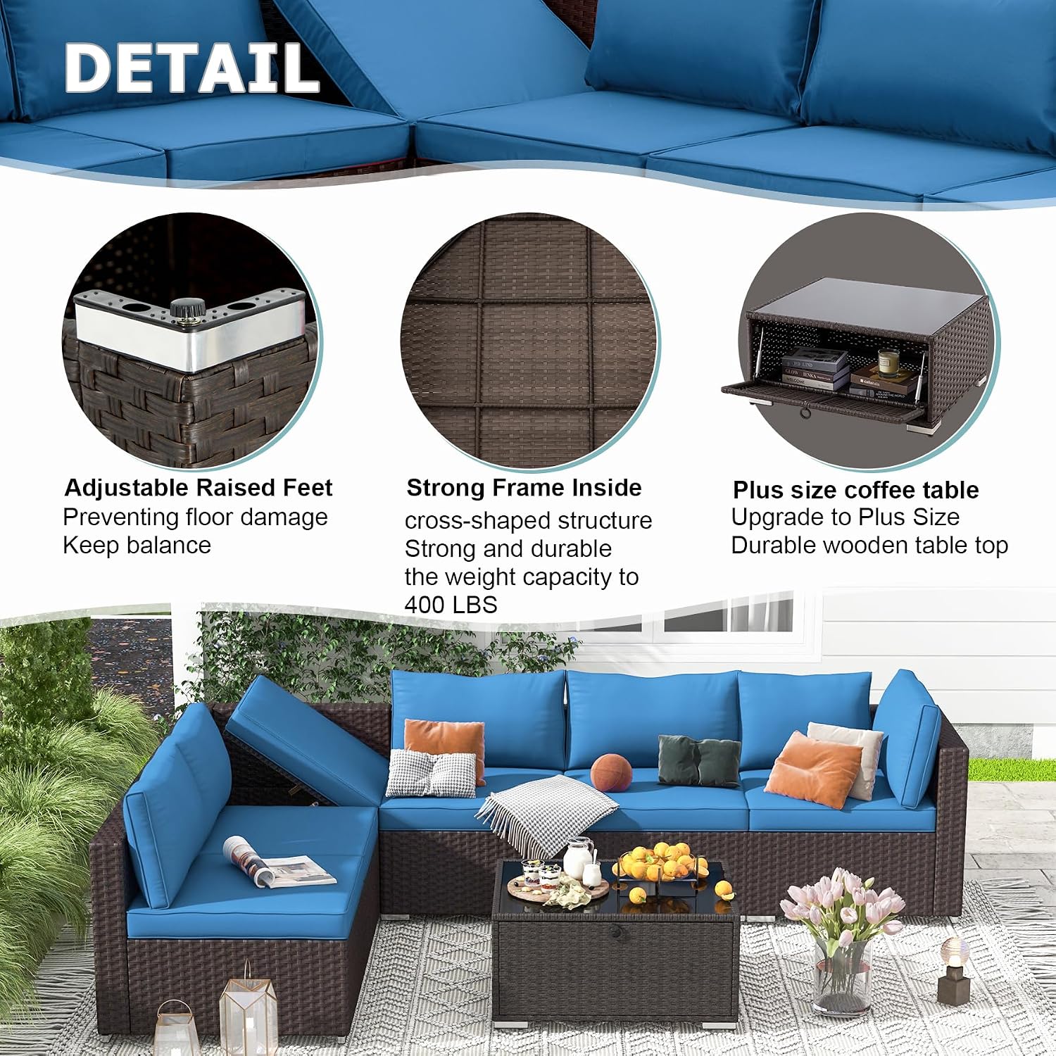 HOMREST 7 Piece Patio Furniture Set with Adjustable Bracket All-Weather Wicker Conversation Set with Coffee Table for Porch Garden Backyard (Blue)