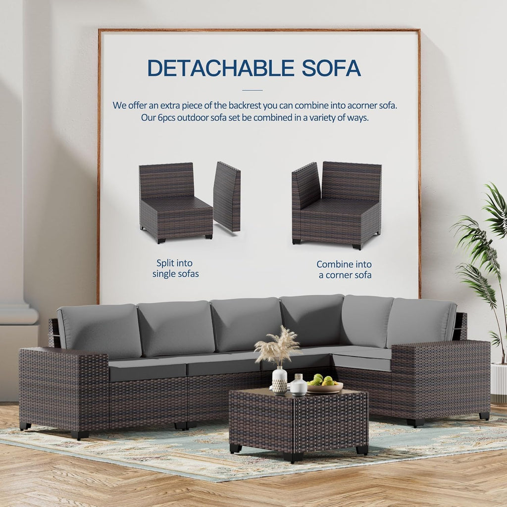 Kullavik 6PCS Outdoor Patio Furniture Set PE Wicker Rattan Sectional Sofa Patio Conversation Sets,Grey
