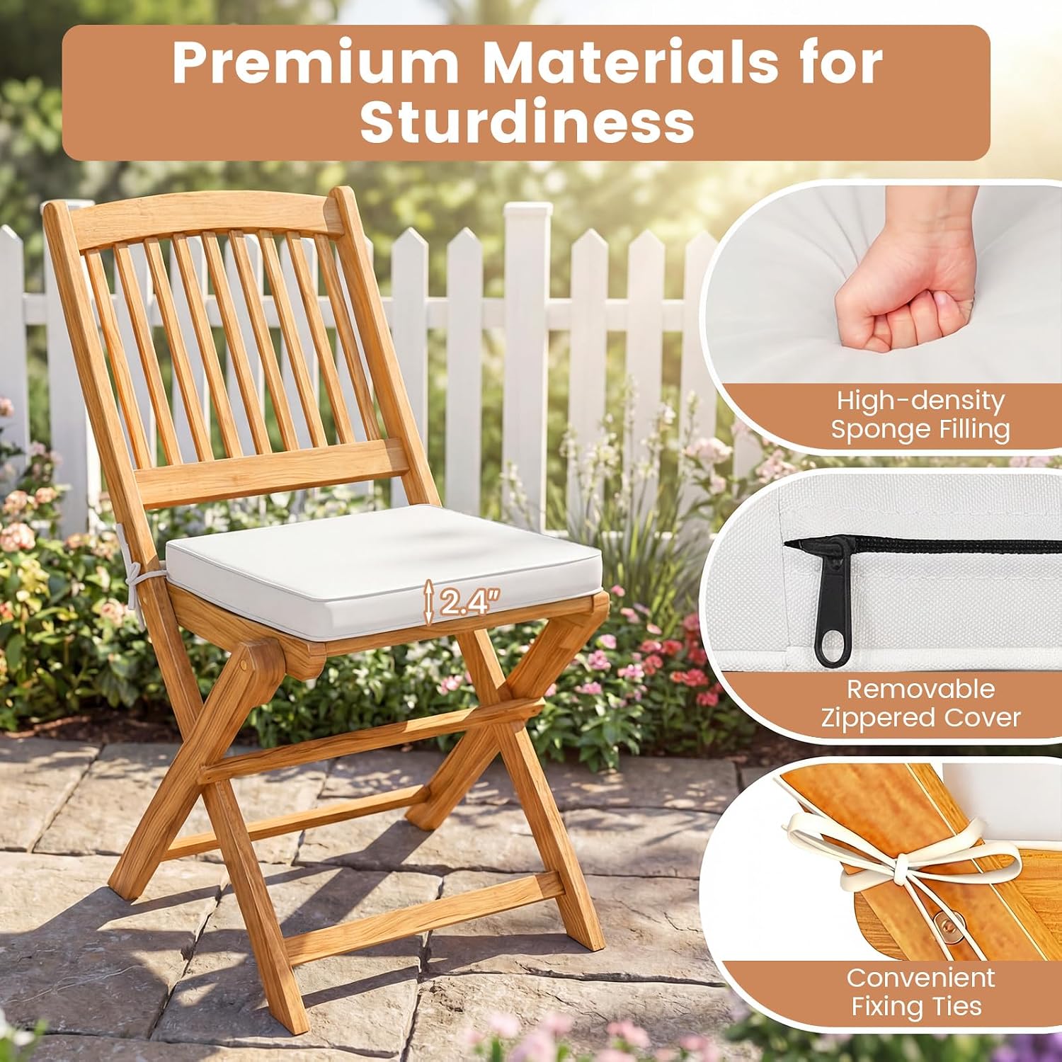Giantex 3Pcs Patio Bistro Set, Wood Folding Table Set, 2 Cushioned Chairs for Garden Yard, Outdoor Furniture Round Table (Natural & Beige)