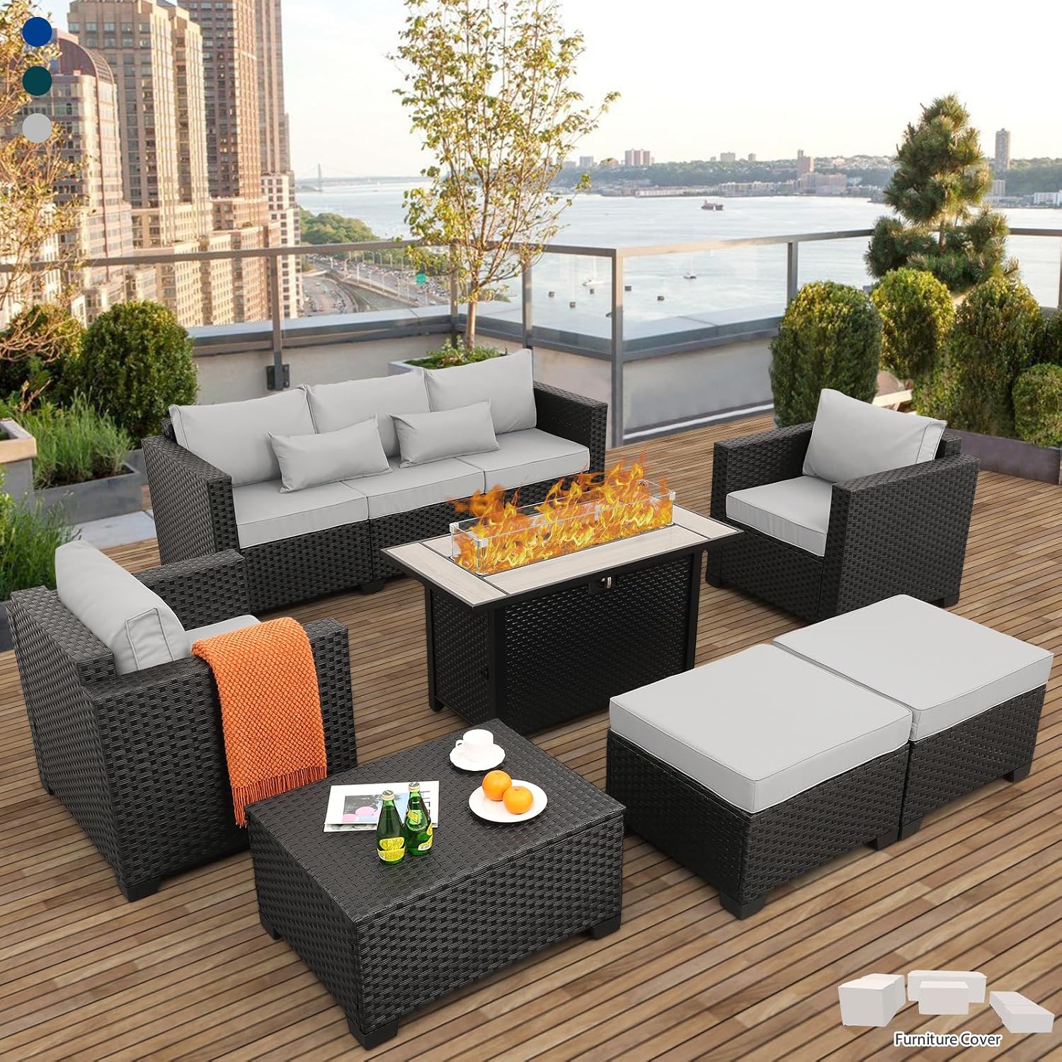 Patio Furniture Set 45 In Outdoor Fire Pits 7 Pieces Outdoor Patio Furniture 60000 BTU Outdoor Propane Fire Pit Table Patio Sofa Outdoor Chairs Anti-slip Cushions Waterproof Covers, Light Grey