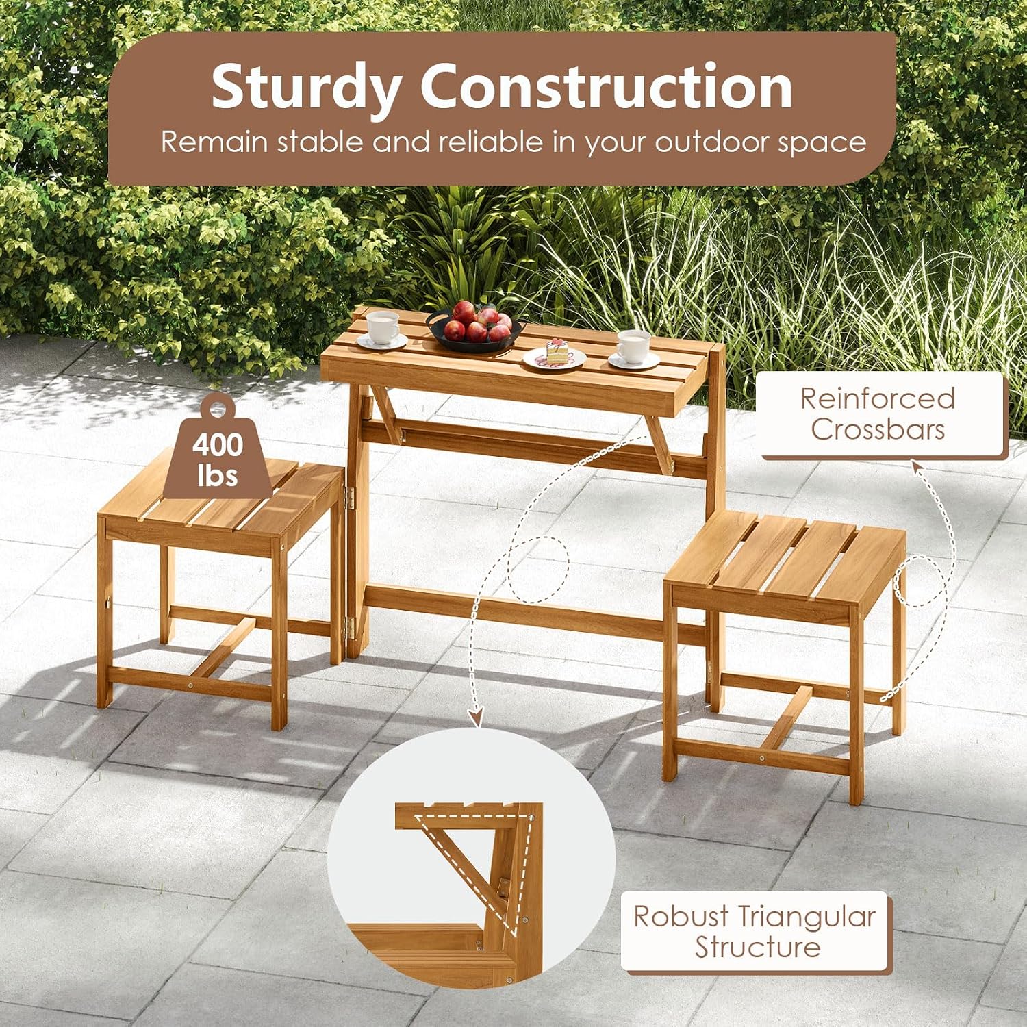 Tangkula 3-in-1 Outdoor Acacia Wood Loveseat Bench Furniture, Patio Table and Chairs Set with Plant Rack Design, for Garden, Porch and Backyard