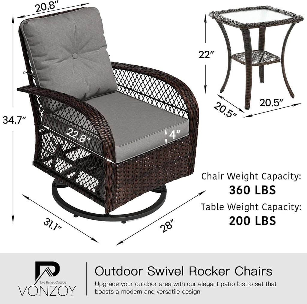 3 Pieces Patio Furniture Set, Outdoor Swivel Glider Rocker, Wicker Patio Bistro Set with Rocking Chair, Thickened Cushions and Table for Porch (Grey)