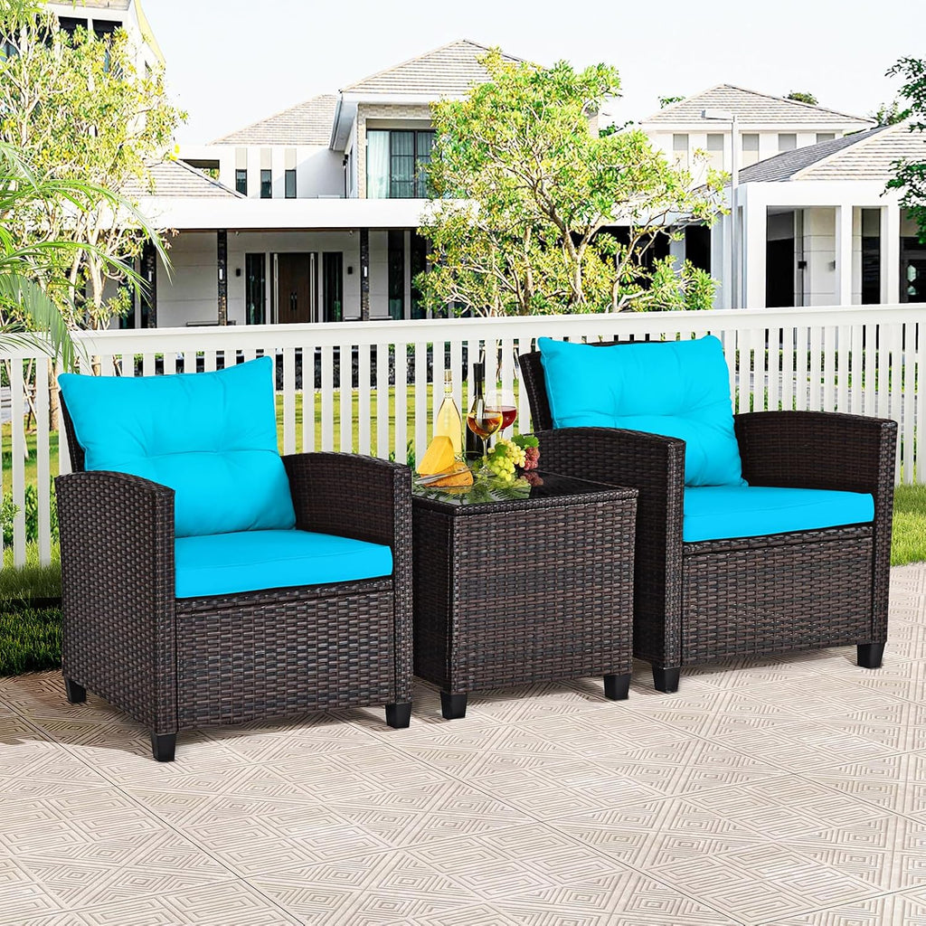 ORALNER 3 Pieces Patio Furniture Set, Outdoor Wicker Conversation Set Rattan Chairs with Cushions, Glass Coffee Table, Bistro Set for Front Porch Balcony Garden Deck Poolside (Turquoise)