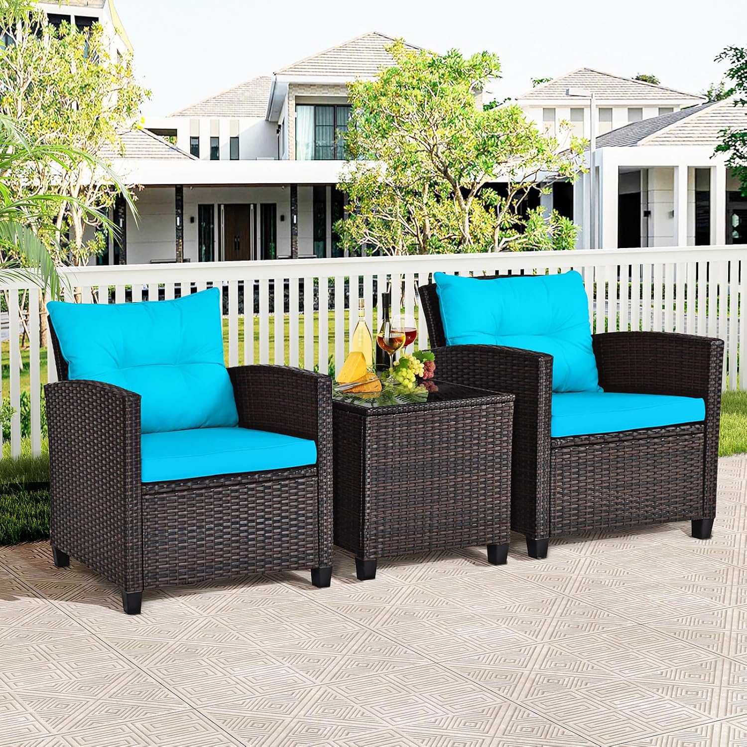 ORALNER 3 Pieces Patio Furniture Set, Outdoor Wicker Conversation Set Rattan Chairs with Cushions, Glass Coffee Table, Bistro Set for Front Porch Balcony Garden Deck Poolside (Turquoise)
