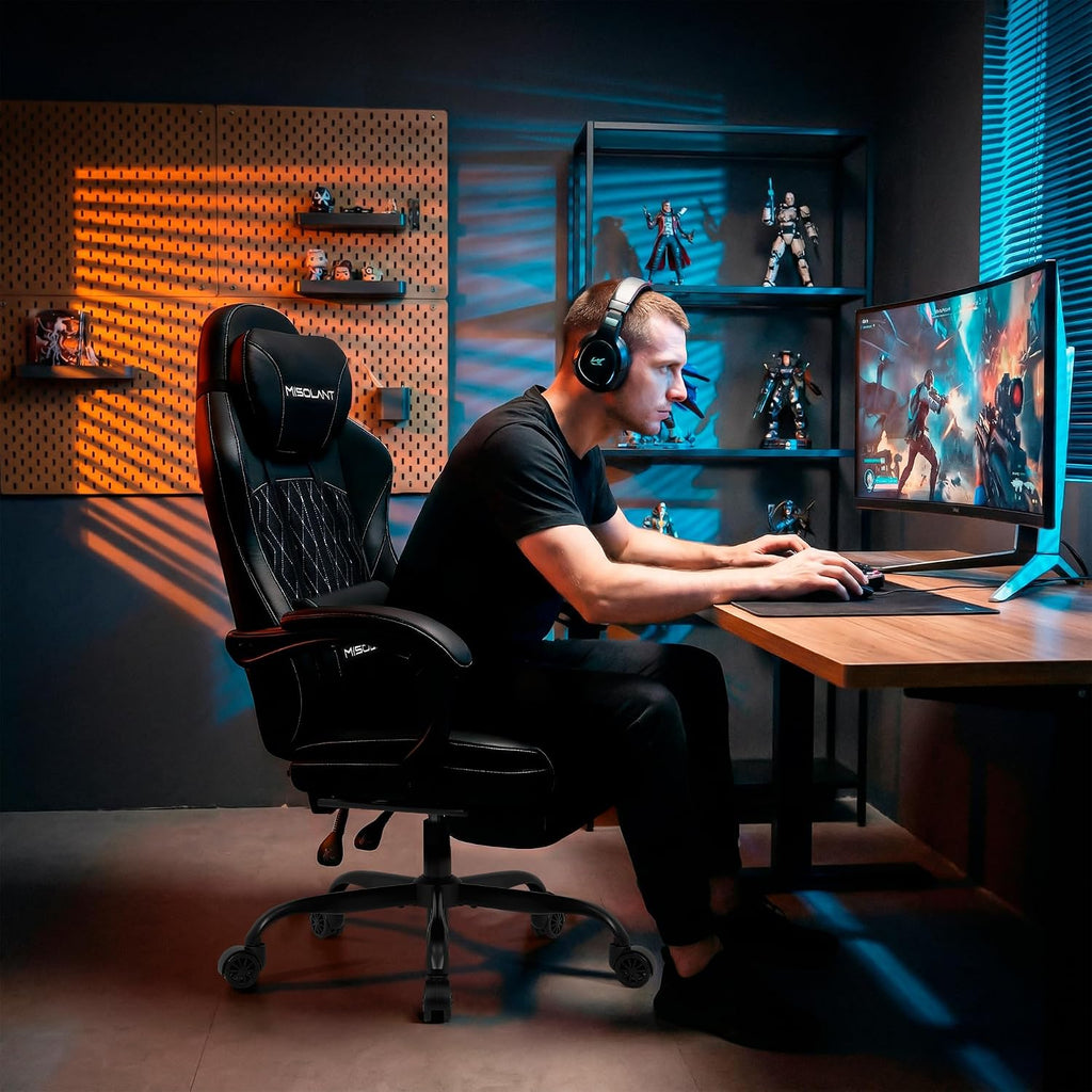 Misolant Gaming Chair, Fabric Gamer Chair with footrest for Adults, High Back Ergonomic Computer Game Chair with Adjustable Headrest and Massage Lumbar Support, 90-155° Recline Free，Black