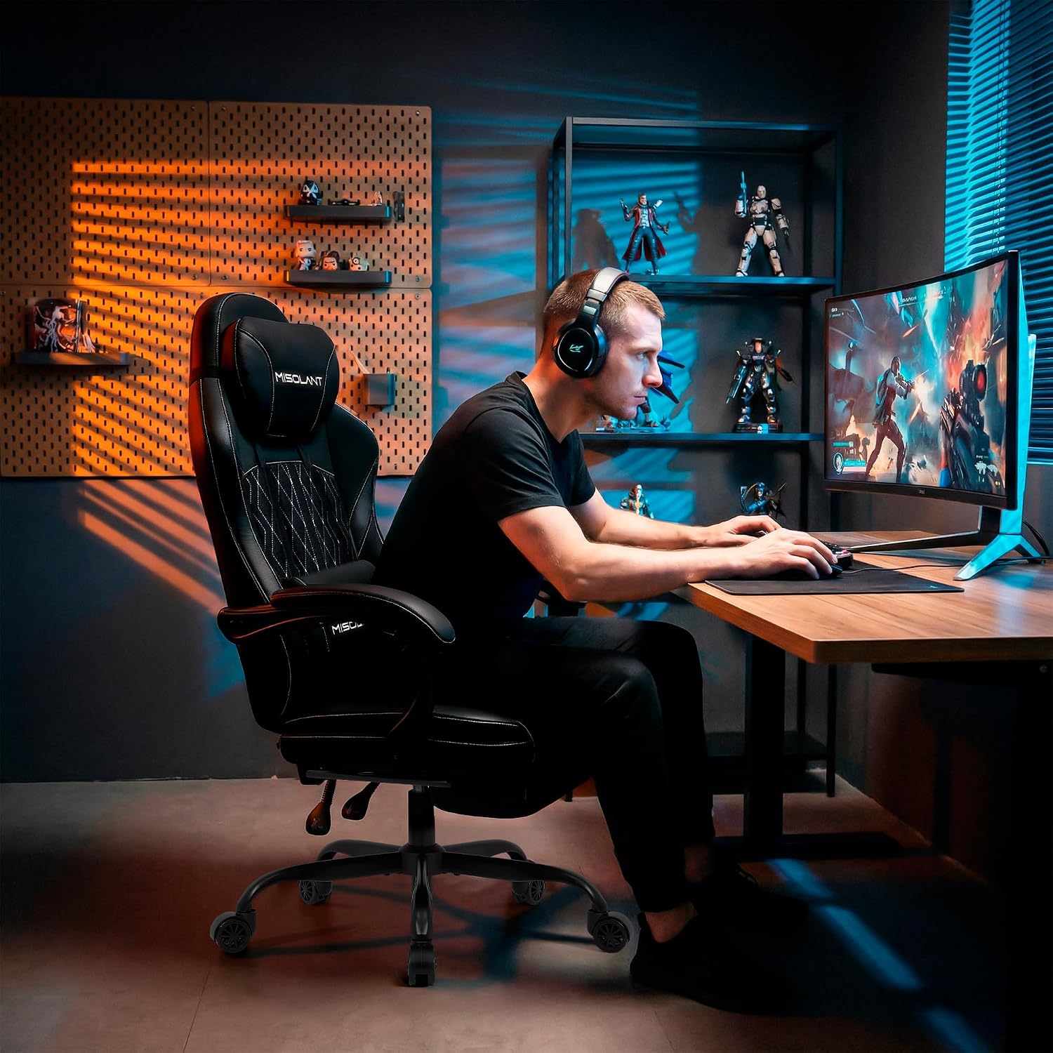Misolant Gaming Chair, Fabric Gamer Chair with footrest for Adults, High Back Ergonomic Computer Game Chair with Adjustable Headrest and Massage Lumbar Support, 90-155° Recline Free，Black