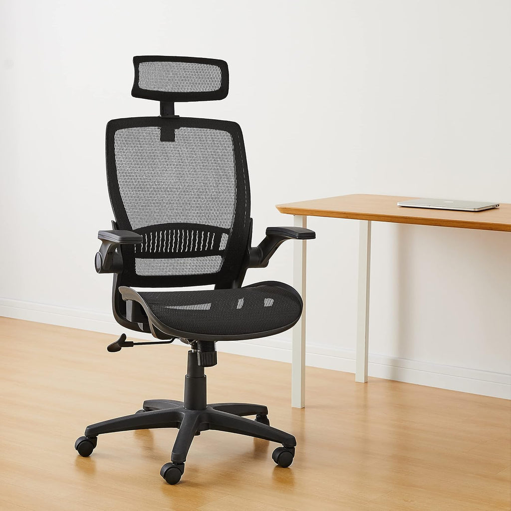 Amazon Basics Ergonomic High-Back Office Chair, Breathable Mesh, 360° Swivel, Easy to Assemble, Comfortable Flip-Up Armrests, 25.5'D x 26.25'W x 49.25'H, Black