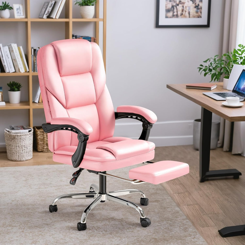 Furmax Executive Office Chair with Foot Rest Big and Tall Office Chair Ergonomic Home Office Desk Chairs Reclining High Back Leather Chair with Lumbar Support, 400LBS (Pink)