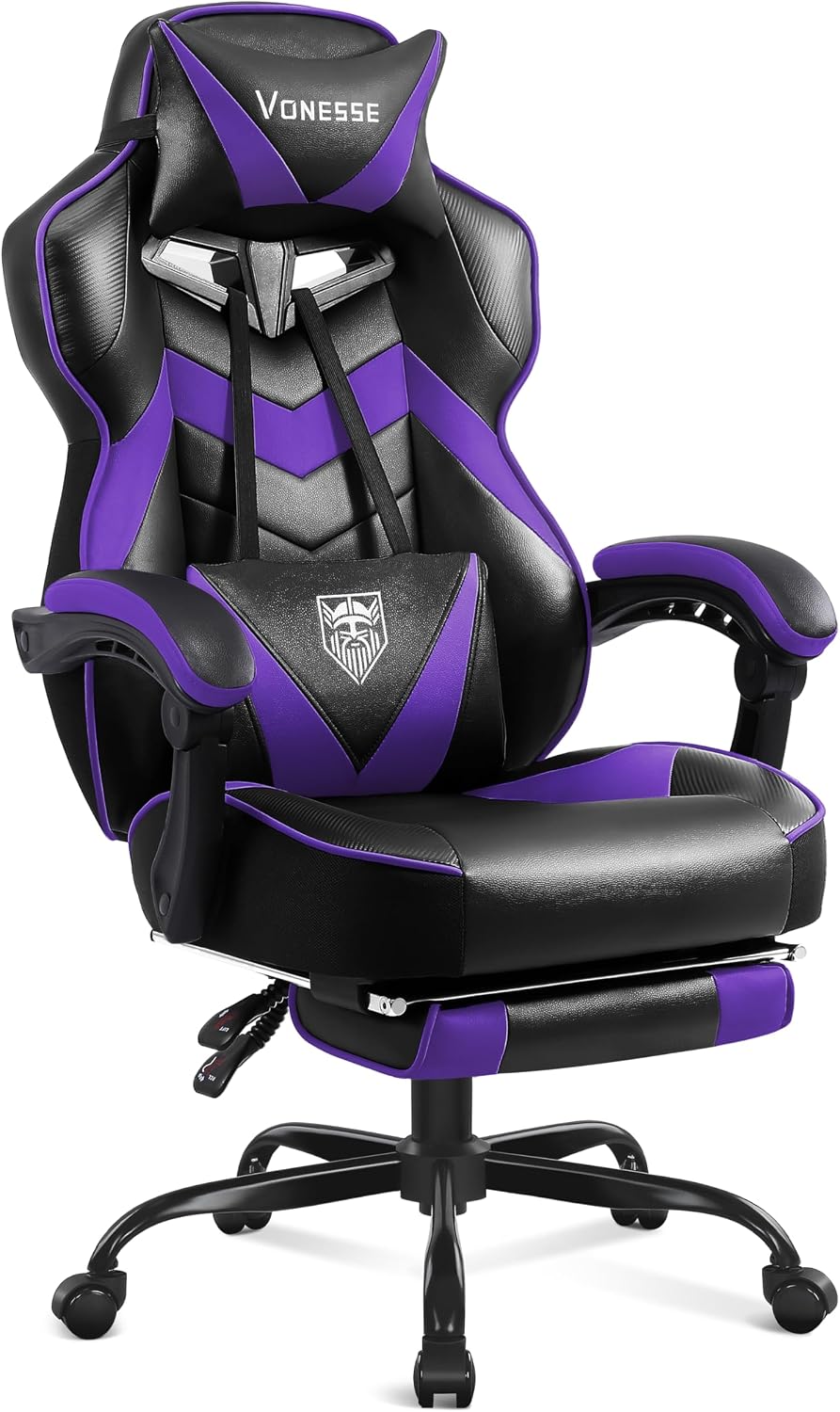 Vonesse Gaming Chair, High Back Gaming Chair with Footrest and Massage, Gaming Chairs for Adults with Pocket Spring Cushion, Big and Tall Reclining Computer Chair with Lumbar Support (Purple/Black)