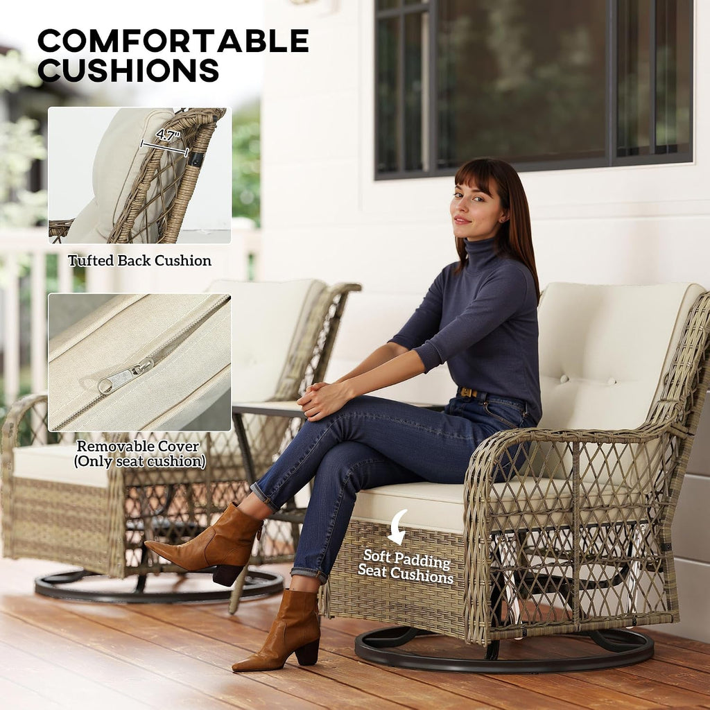 Outsunny PE Wicker Outdoor Bistro Set, Swivel Glider Patio Chairs and 2-Tier Storage Table with Slatted WPC Top, 3 Piece Patio Furniture Set with Cushions for Balcony, Porch, Backyard, Beige