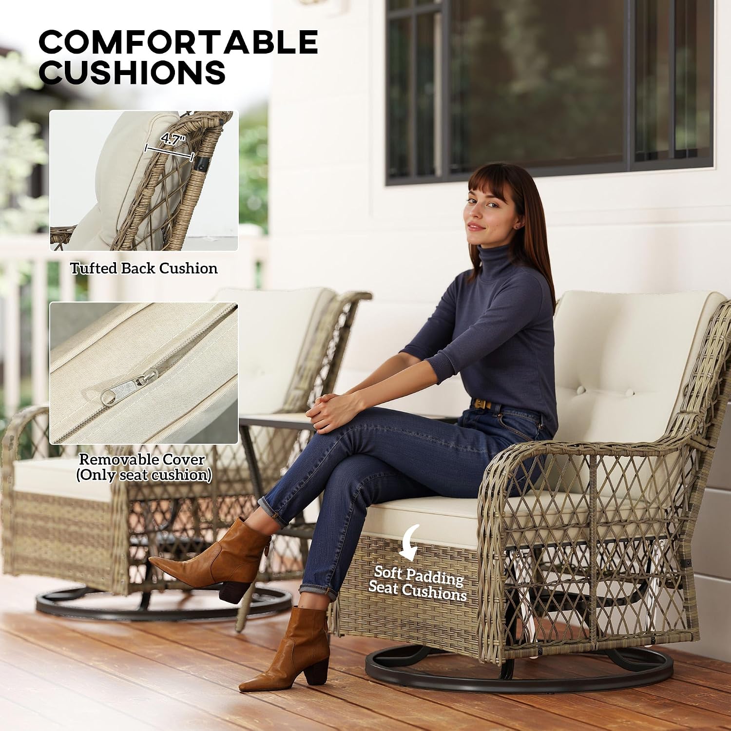 Outsunny PE Wicker Outdoor Bistro Set, Swivel Glider Patio Chairs and 2-Tier Storage Table with Slatted WPC Top, 3 Piece Patio Furniture Set with Cushions for Balcony, Porch, Backyard, Beige
