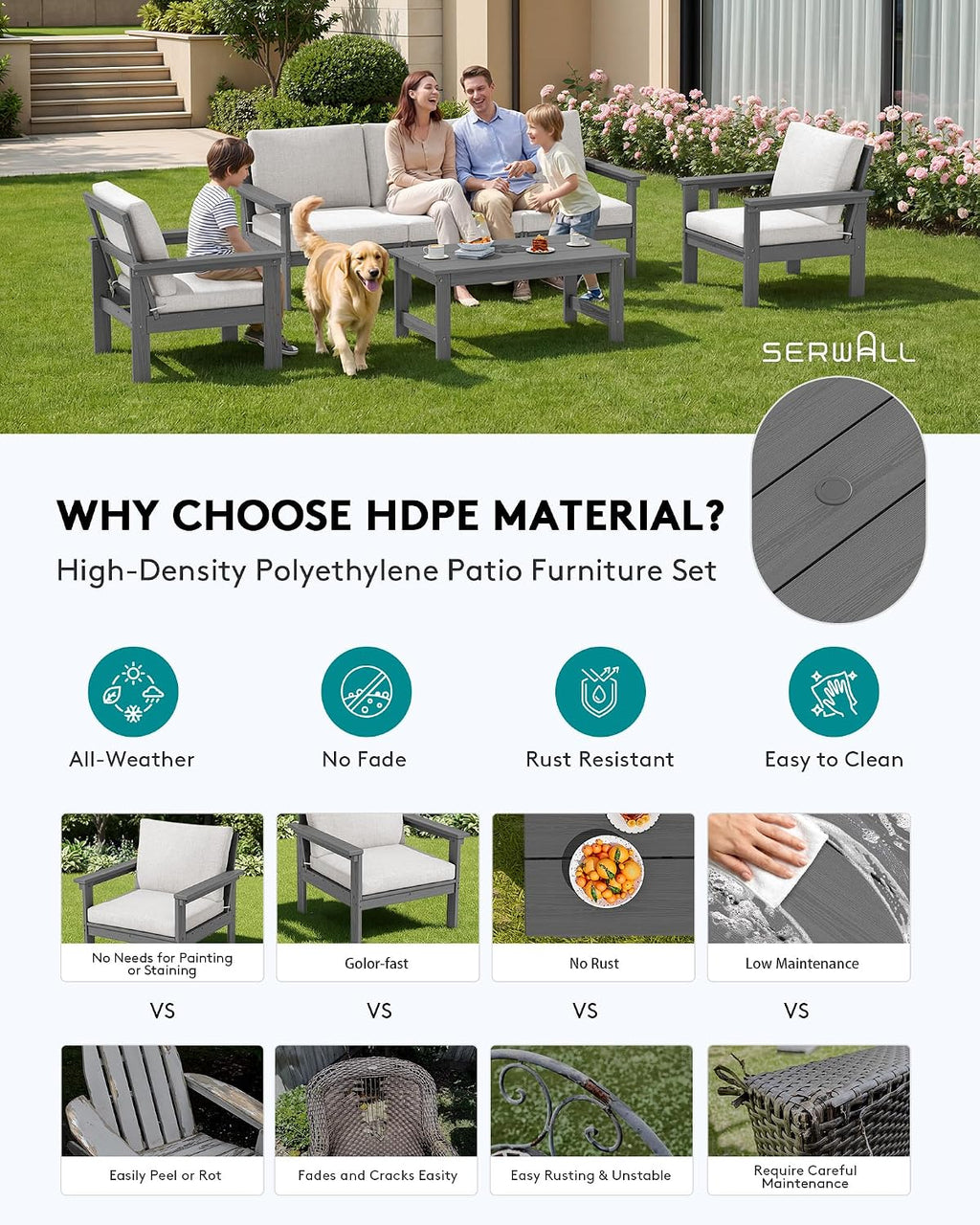 SERWALL HDPE Patio Conversation Set, 6-piece Sectional Outdoor Furniture Set, All Weather Outdoor Couch Set Patio Furniture Set for Deck, Lawn, Grey Frame with Khaki Cushion
