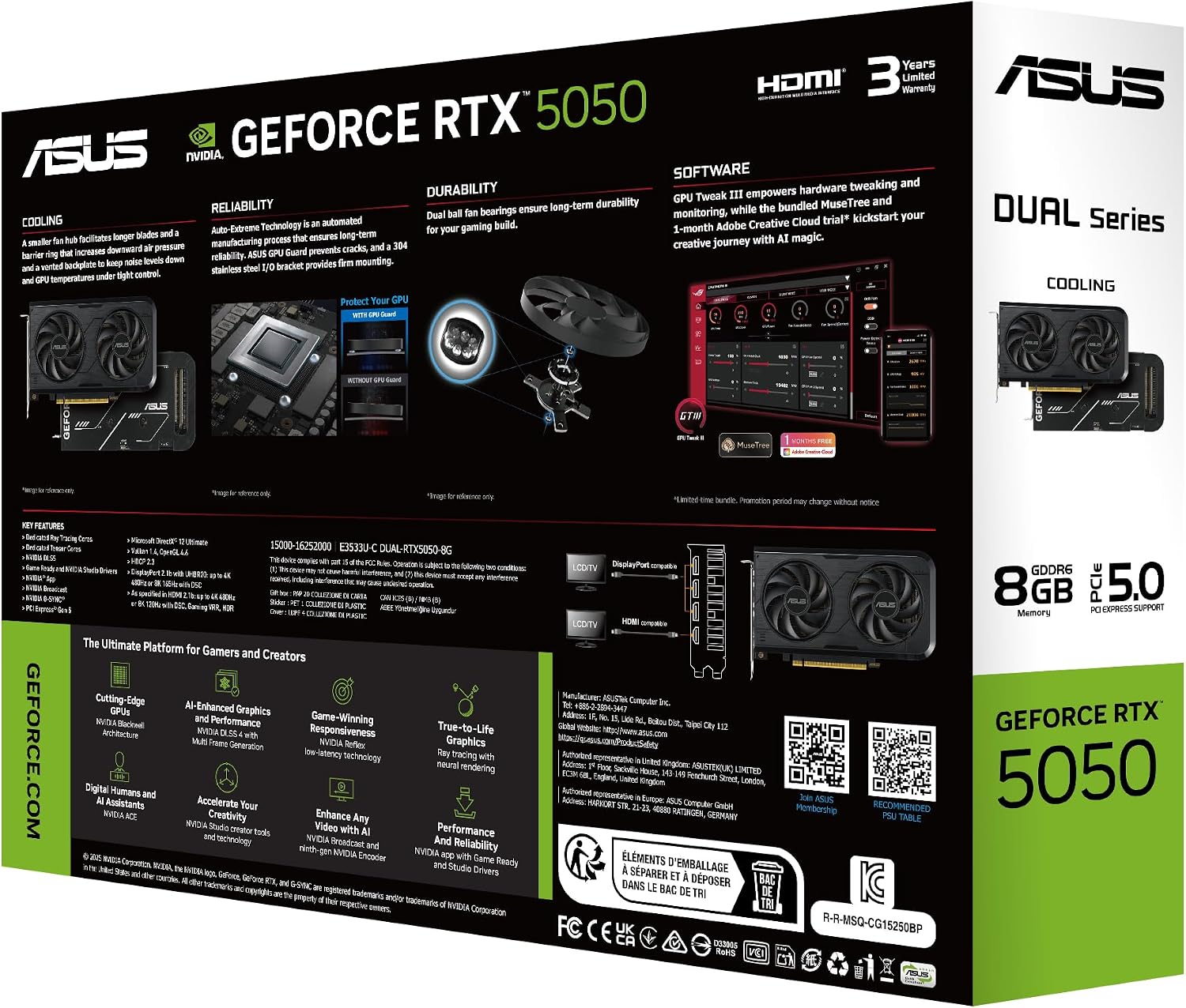 ASUS Dual GeForce RTX™ 5050 8GB GDDR6 (PCIe 5.0, 8GB GDDR6, DLSS 4, HDMI 2.1b, DisplayPort 2.1b, 2-Slot, Axial-tech Fan Design, 0dB Technology, Dual BIOS and More)