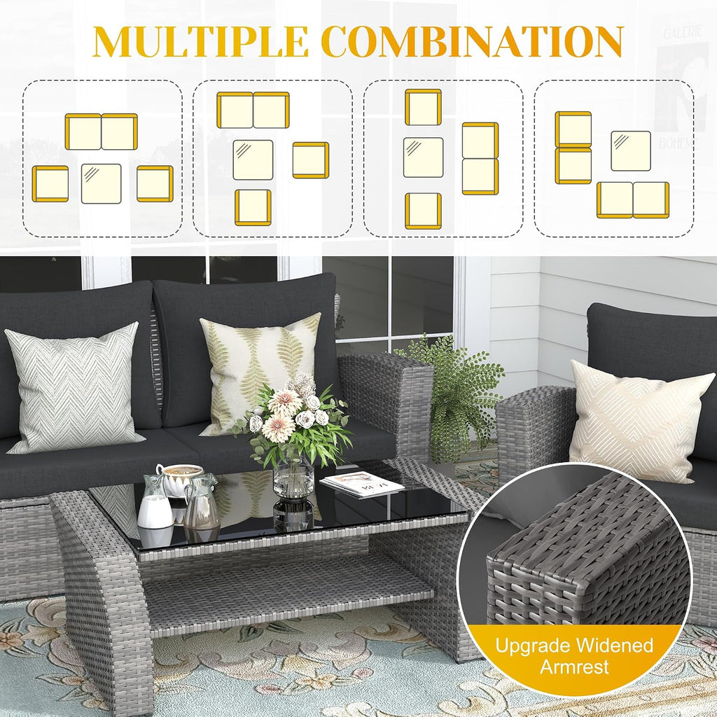FansaFurn 4-Piece Outdoor Patio Furniture Set, All Weather Wicker Rattan Sectional Sofa Conversation Seating Set with Cushions & Large Glass Coffee Table, Ideal for Garden Backyard Porch, Dark Grey