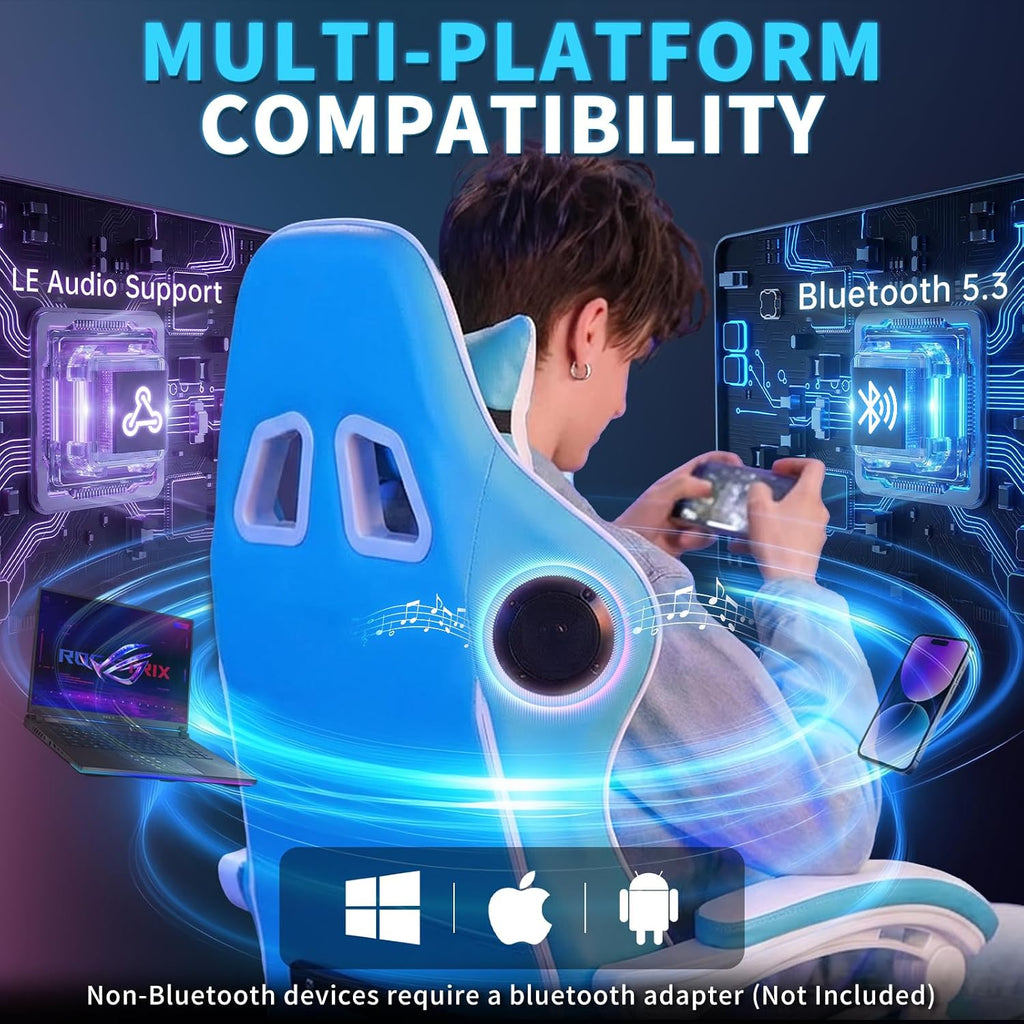 Gaming Chair with Bluetooth Speakers and RGB LED Lights Ergonomic Massage Computer Gaming Chair with Footrest Video Game Chair High Back with Lumbar Support Light Blue and White