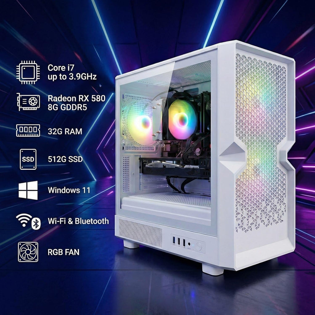 STGAubron Gaming PC Desktop Computer, Intel Core i7 up to 3.9GHz, Radeon RX 580 8G, 32GB RAM, 512GB SSD, WiFi 6, BT 5.0, RGB Fan x3, Windows 11 Home, White