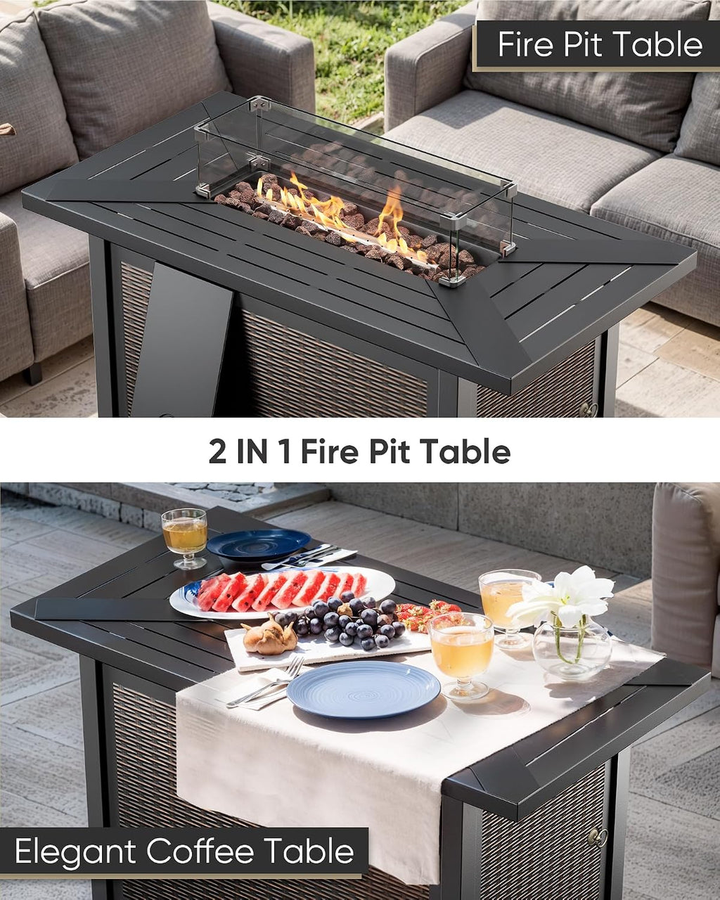HUMMUH 5-Piece Patio Furniture Set with Fire Pit,Wicker Outdoor Swivel Rocker Chairs Patio Sofa for Backyard,Poolside,Deck,Brown Grey