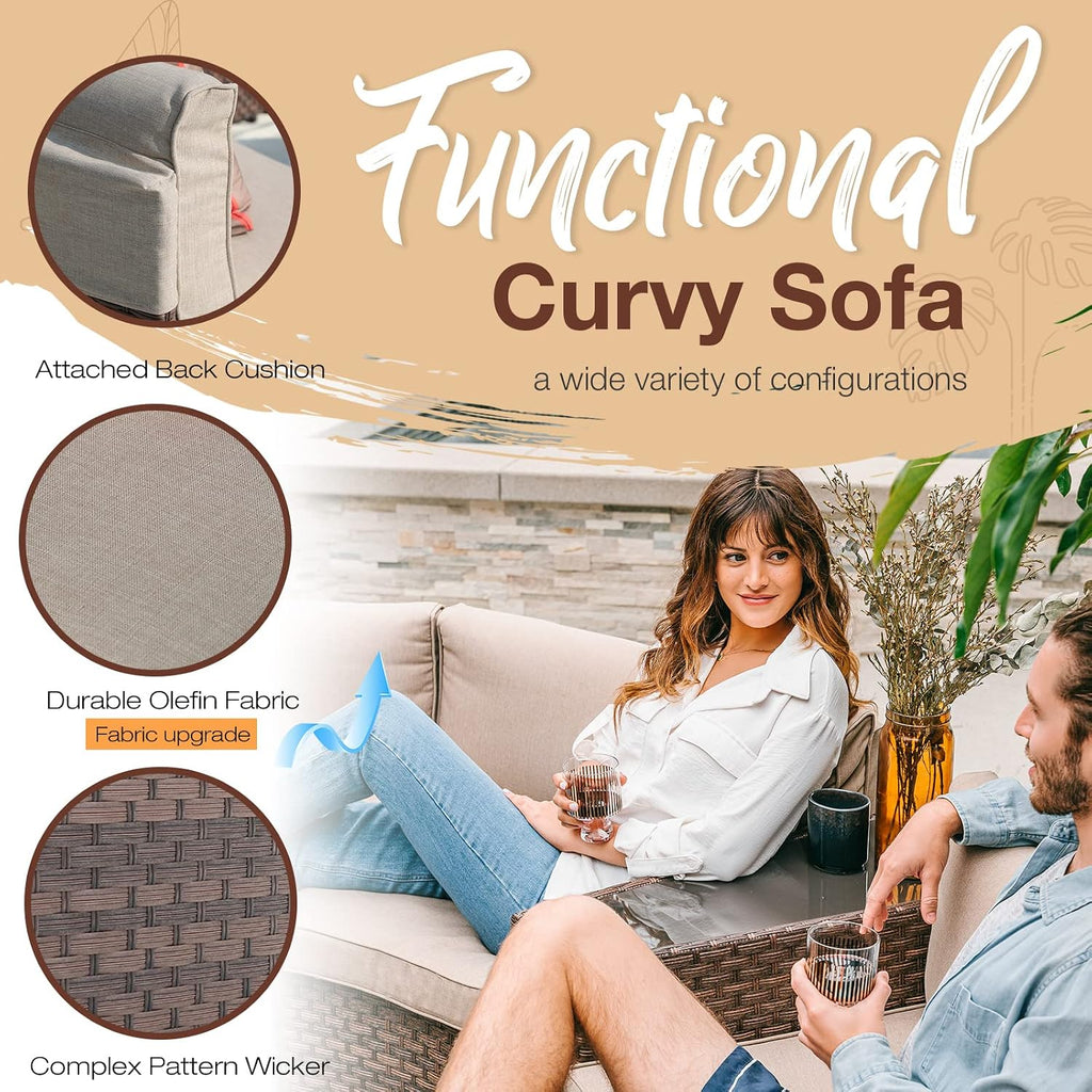 SUNSITT 8 Piece Patio Furniture Set with Propane Fire Pit Halfmoon Outdoor Round Sectional Sofa with 36' Bronze Gas Fire Table & Tank Holder, Brown Rattan